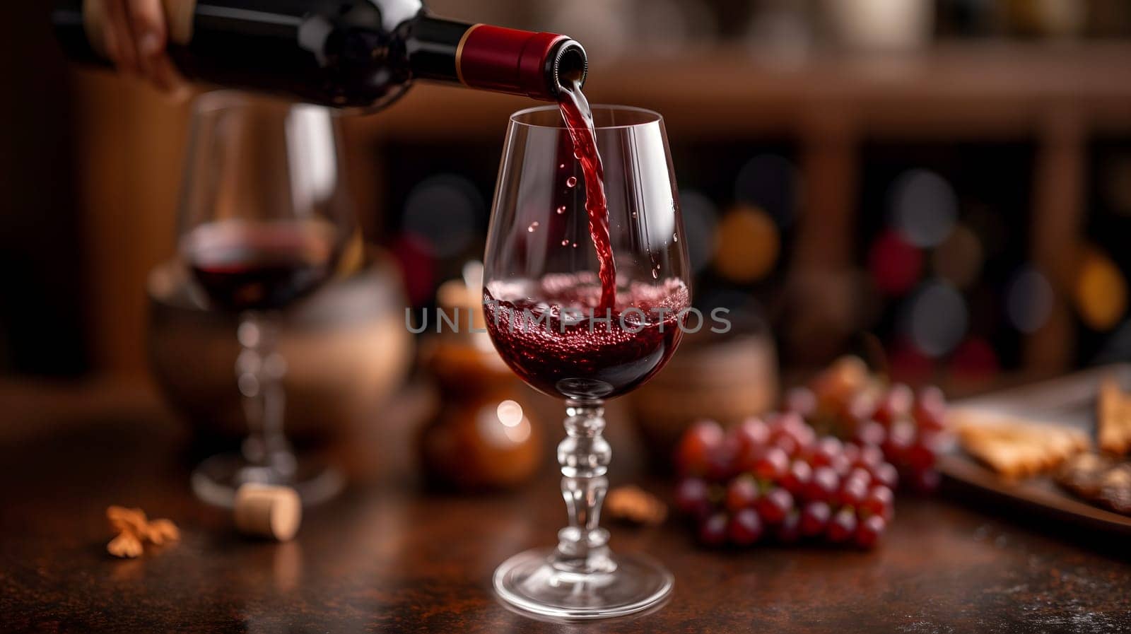 A wine bottle, with its elegant shape and deep red liquid inside, is being poured into a crystal glass, ready to be enjoyed during a romantic dinner. by z1b