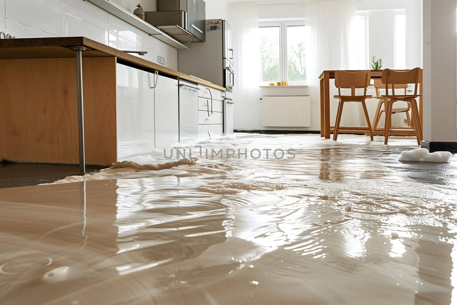 Home Floor Flooded, Showcasing Water Damage And Potential Issues. Neural network generated image. Not based on any actual scene or pattern.