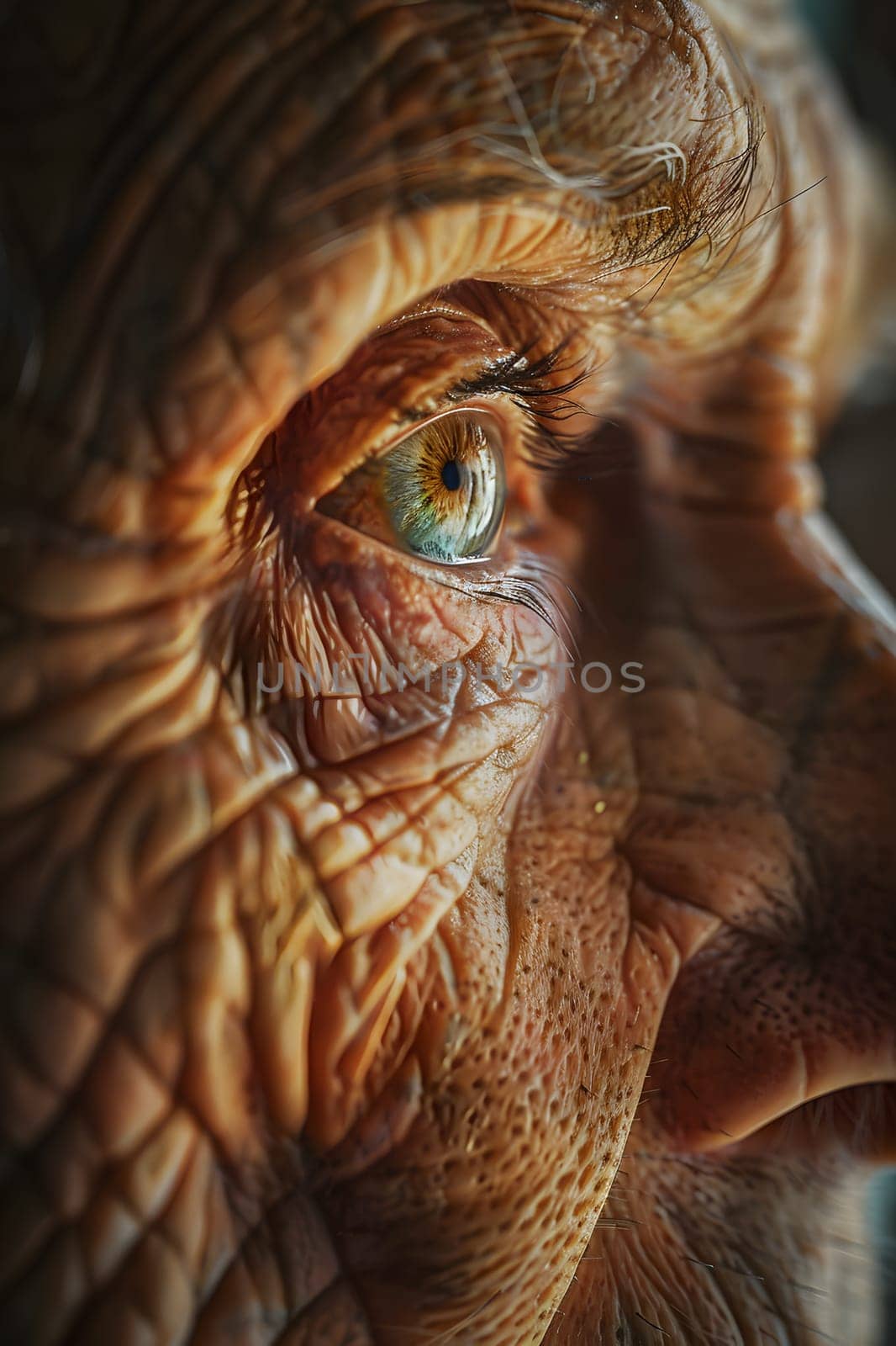 A closeup painting of an elderly womans eye with a green pupil, showcasing the intricate details of wrinkles and the vibrant colors of macro photography