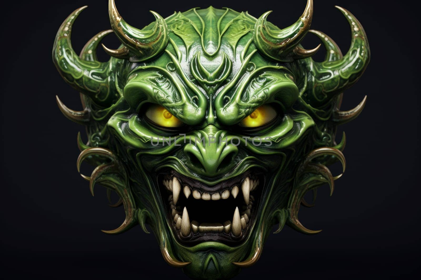 Eerie Green demon face eyes. Danger horror. Generate Ai