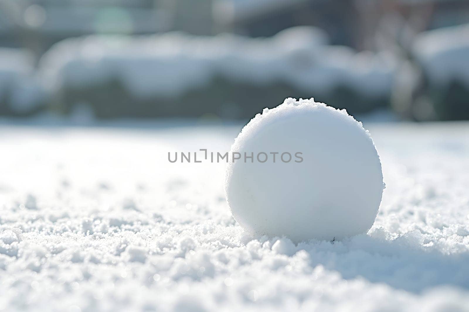 Snowball on snow covered ground at sunny winter day for snow ball effect concept. Neural network generated image. Not based on any actual scene or pattern.