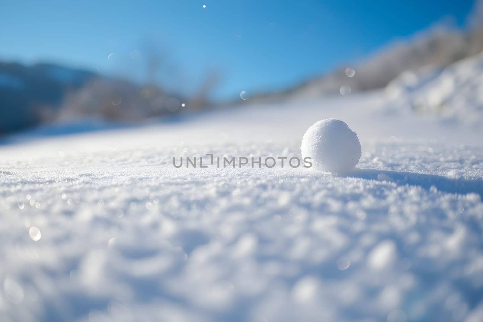 Snowball on snow covered ground at sunny winter day for snow ball effect concept. Neural network generated image. Not based on any actual scene or pattern.