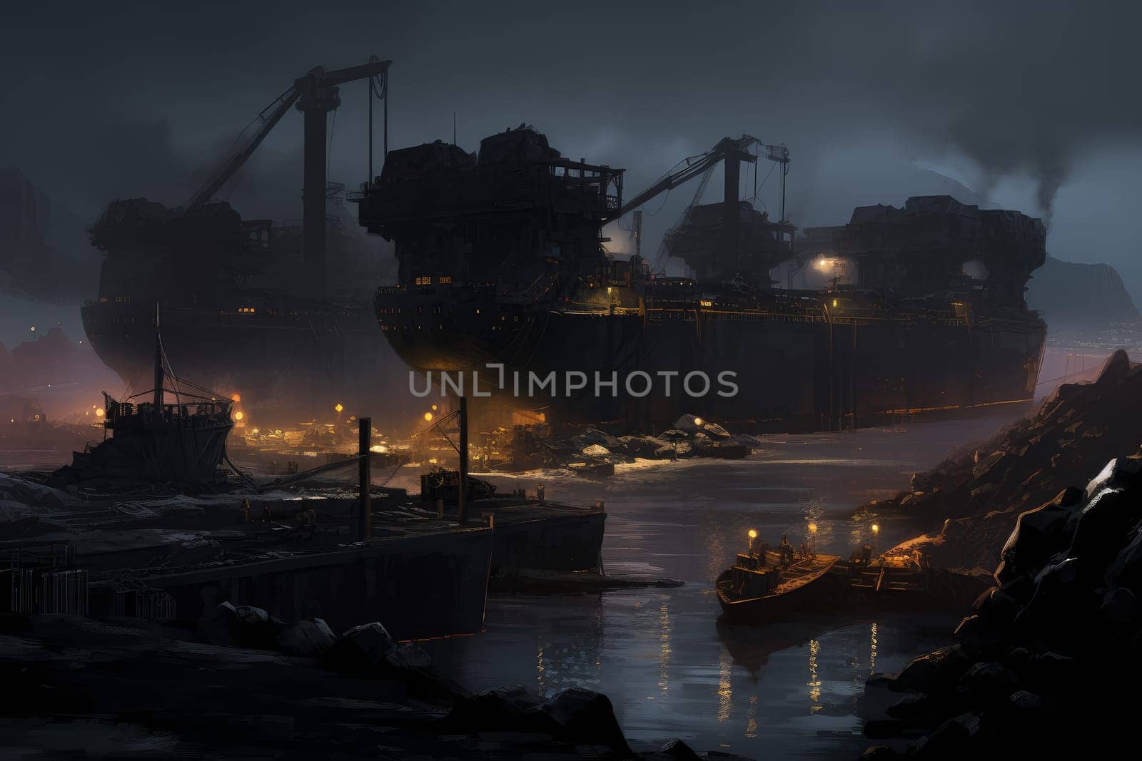 Heaps coal cargo port sunset. Line conveyor. Generate Ai