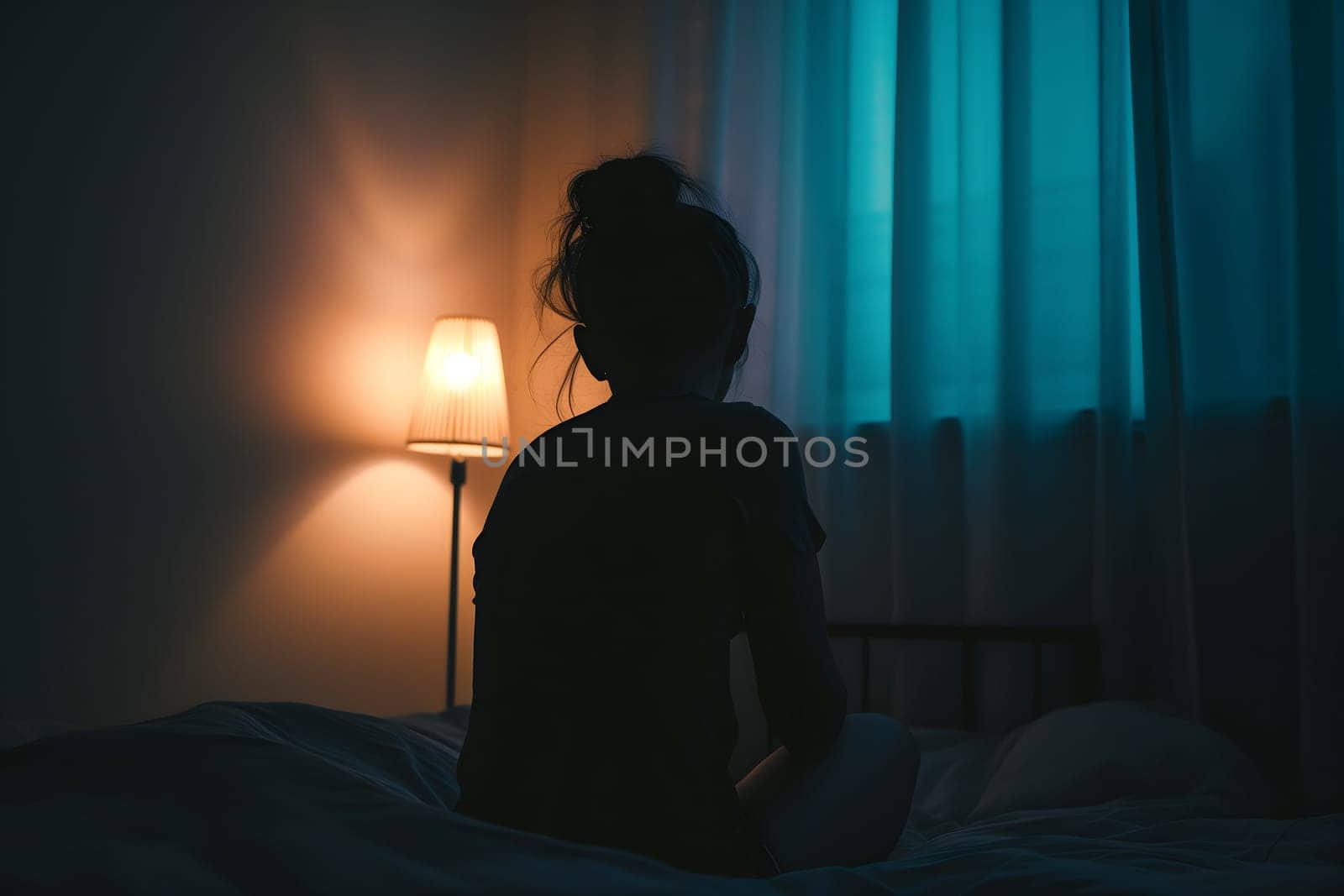 Silhouette woman sitting on the bed in the dark room with lamp, Sad woman. Neural network generated image. Not based on any actual scene or pattern.