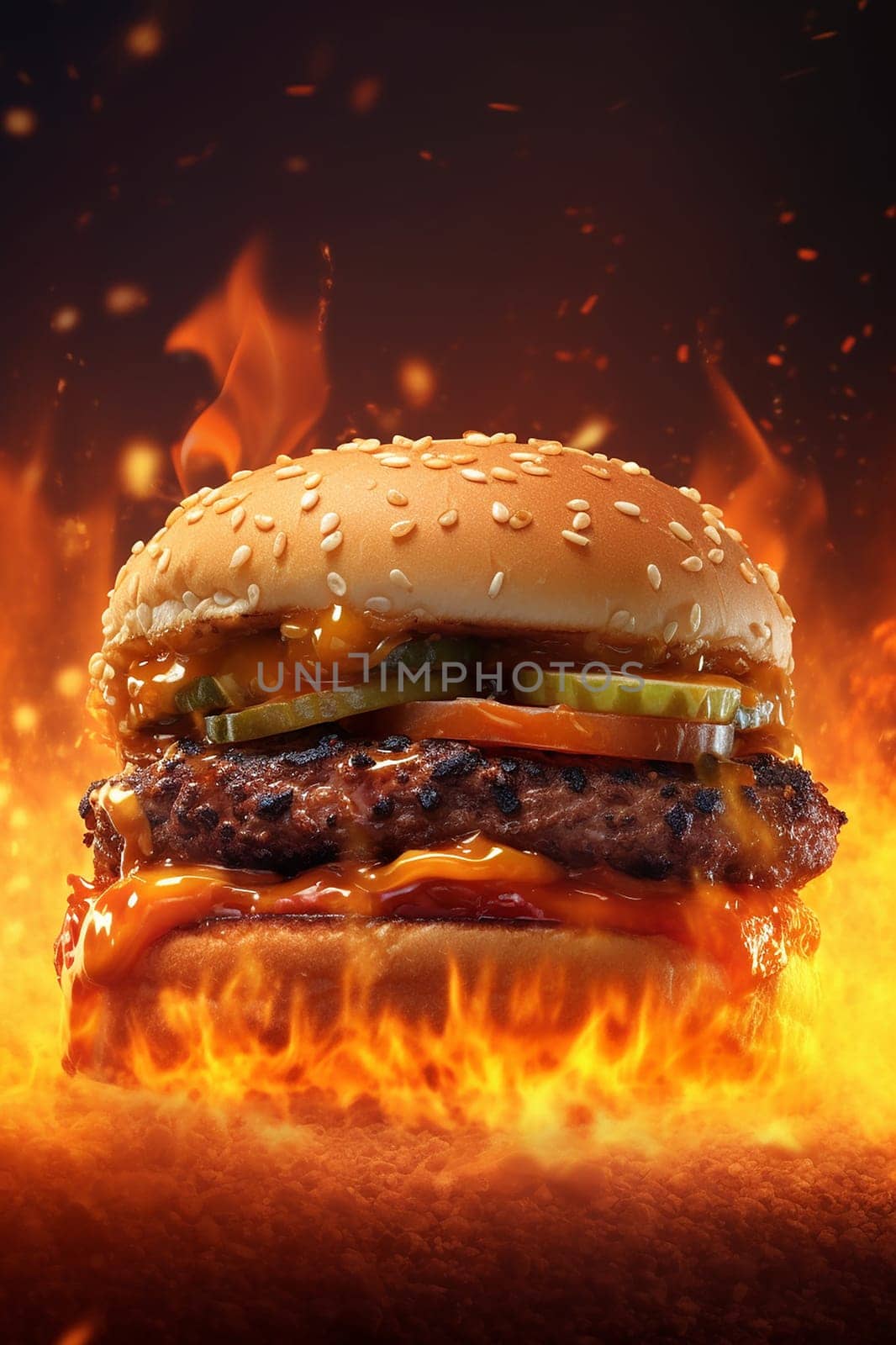 Juicy cheeseburger with flames in the background.