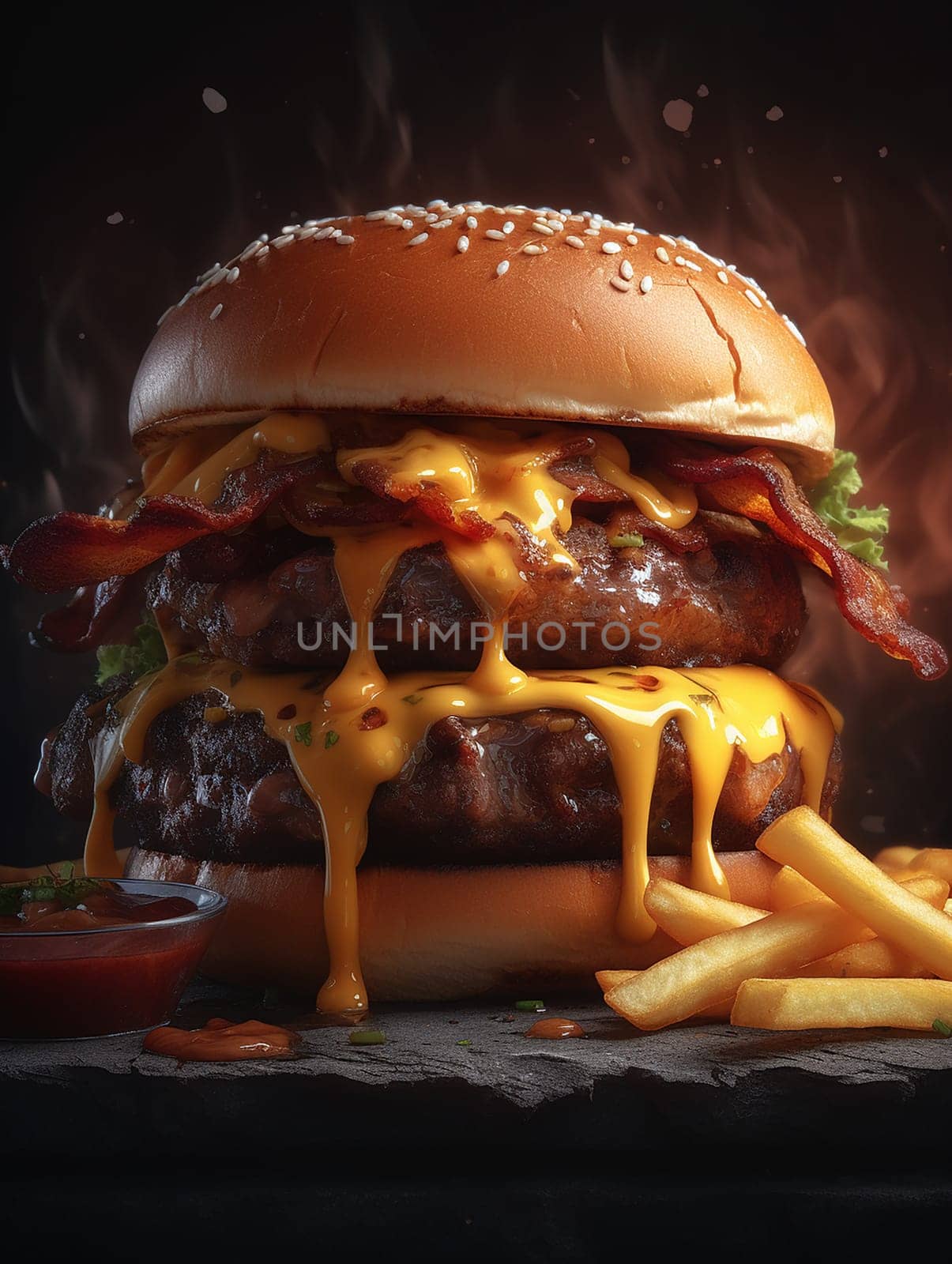 Double cheeseburger with bacon, lettuce and fries on a dark background