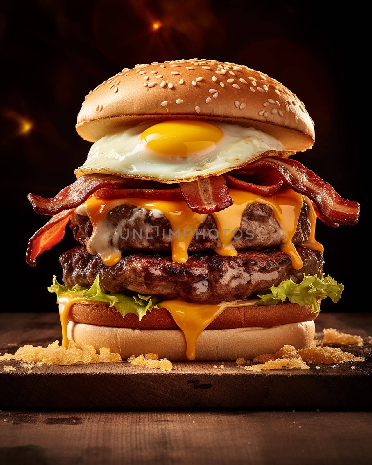 Mouthwatering double bacon cheeseburger with a fried egg on top