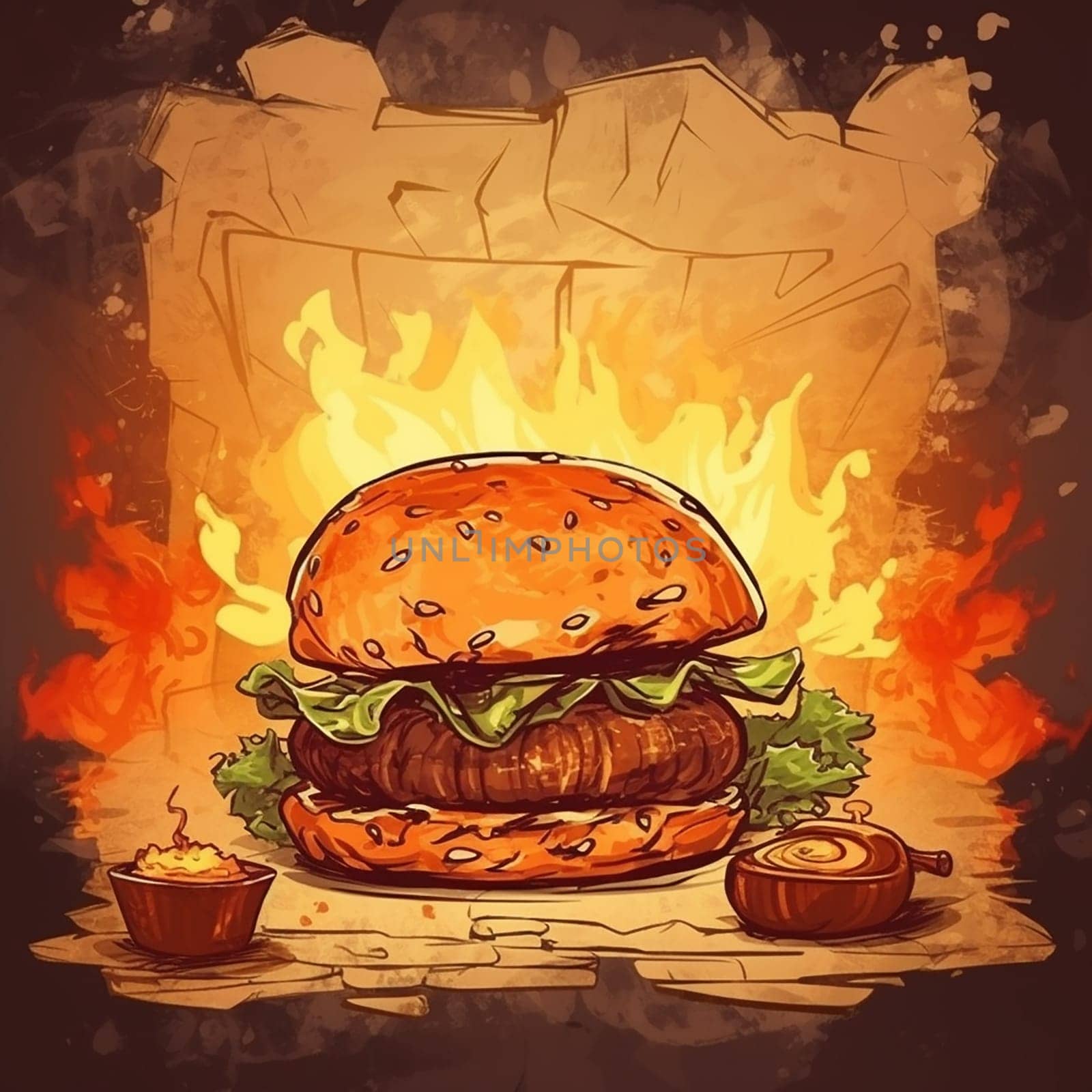 Illustration of a flame-grilled burger with lettuce and condiments on a fiery background.