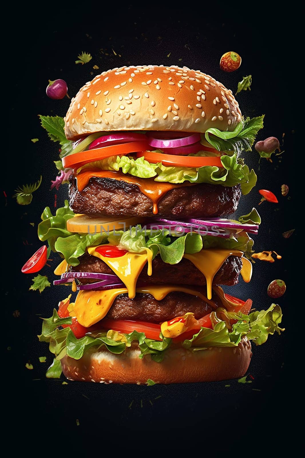 Multi-layered burger with various toppings and sauces floating in mid-air.