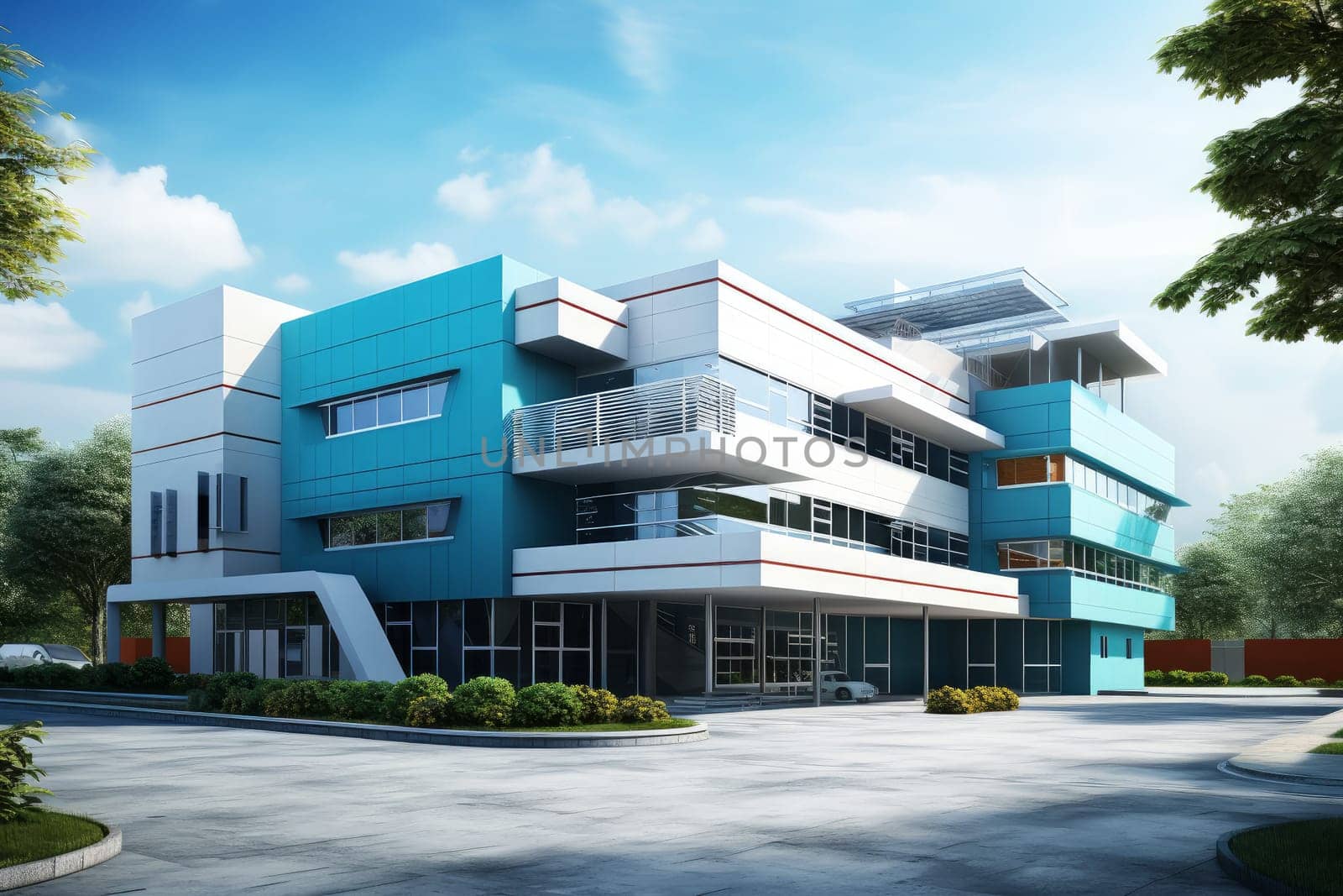 Innovative Hospital double blue sky. Futuristic care. Generate ai