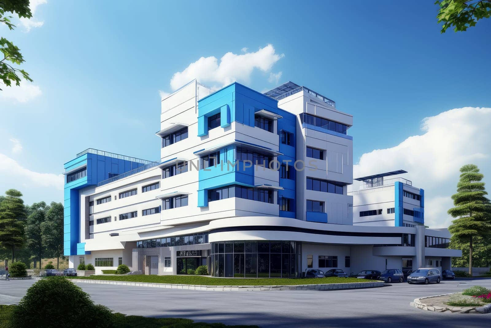 Luminous Hospital double blue sky. Futuristic care. Generate ai