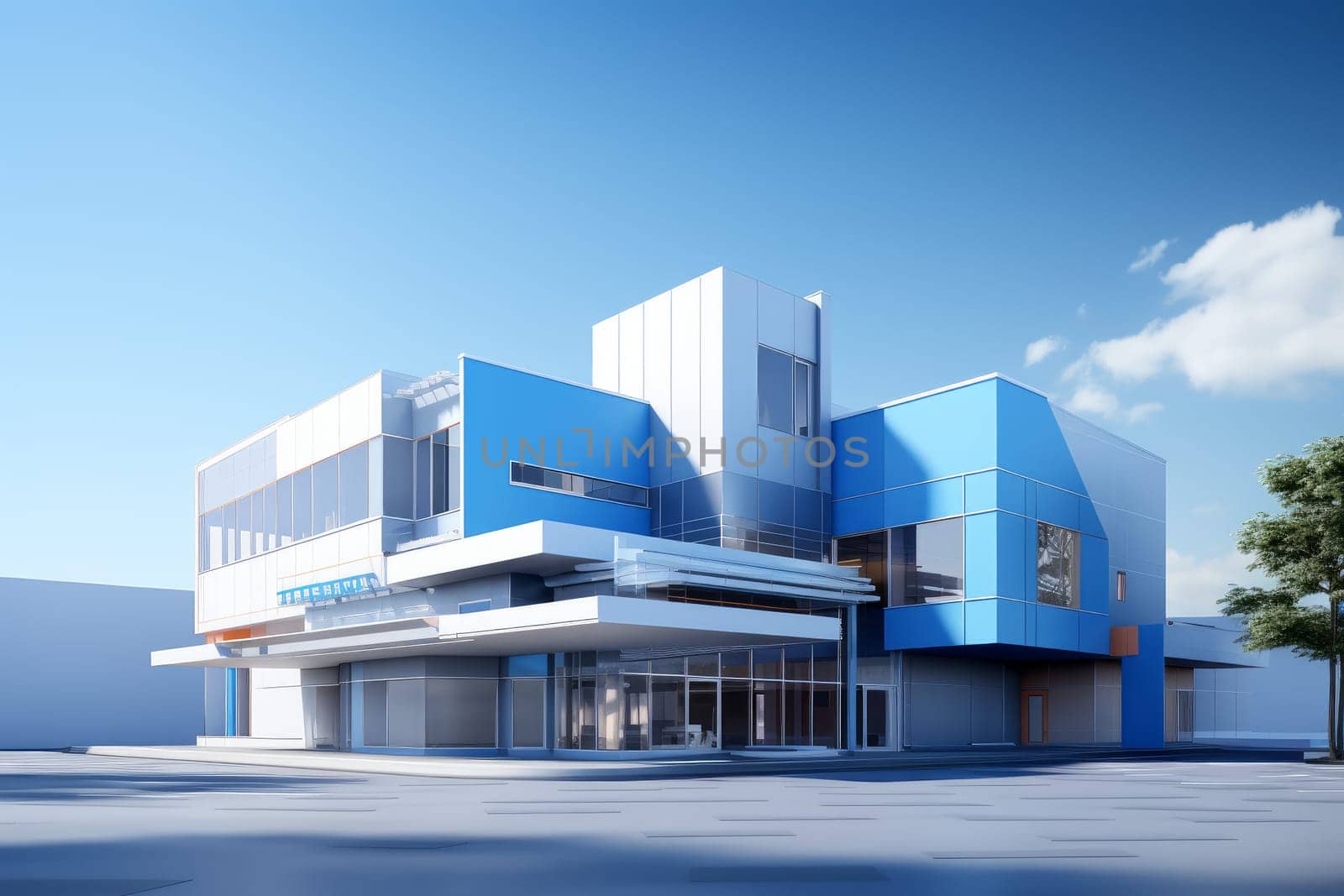 Impressive Hospital double blue sky. Futuristic care. Generate ai