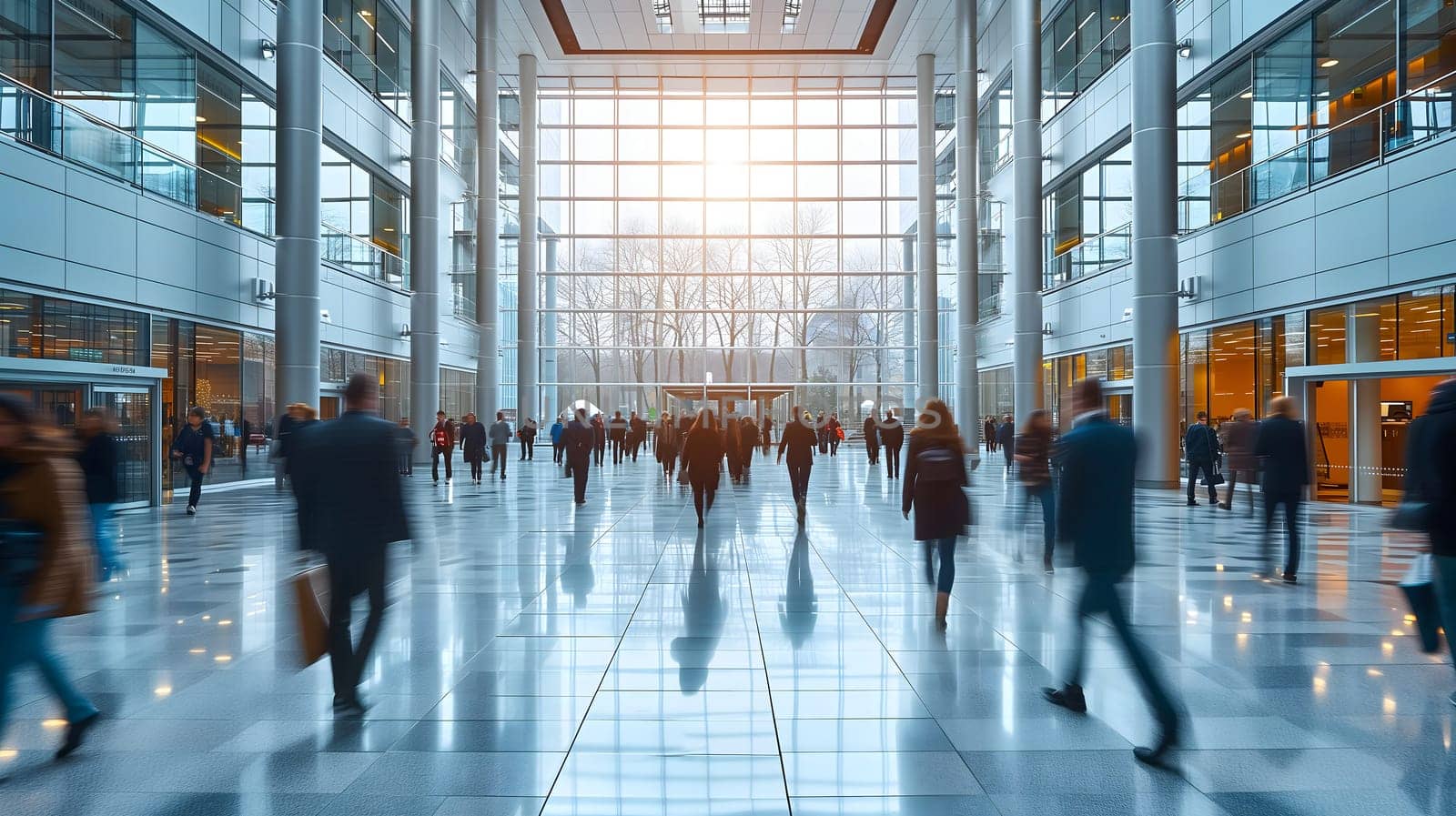 Many business people walking in bright office lobby fast moving with blurry. by z1b