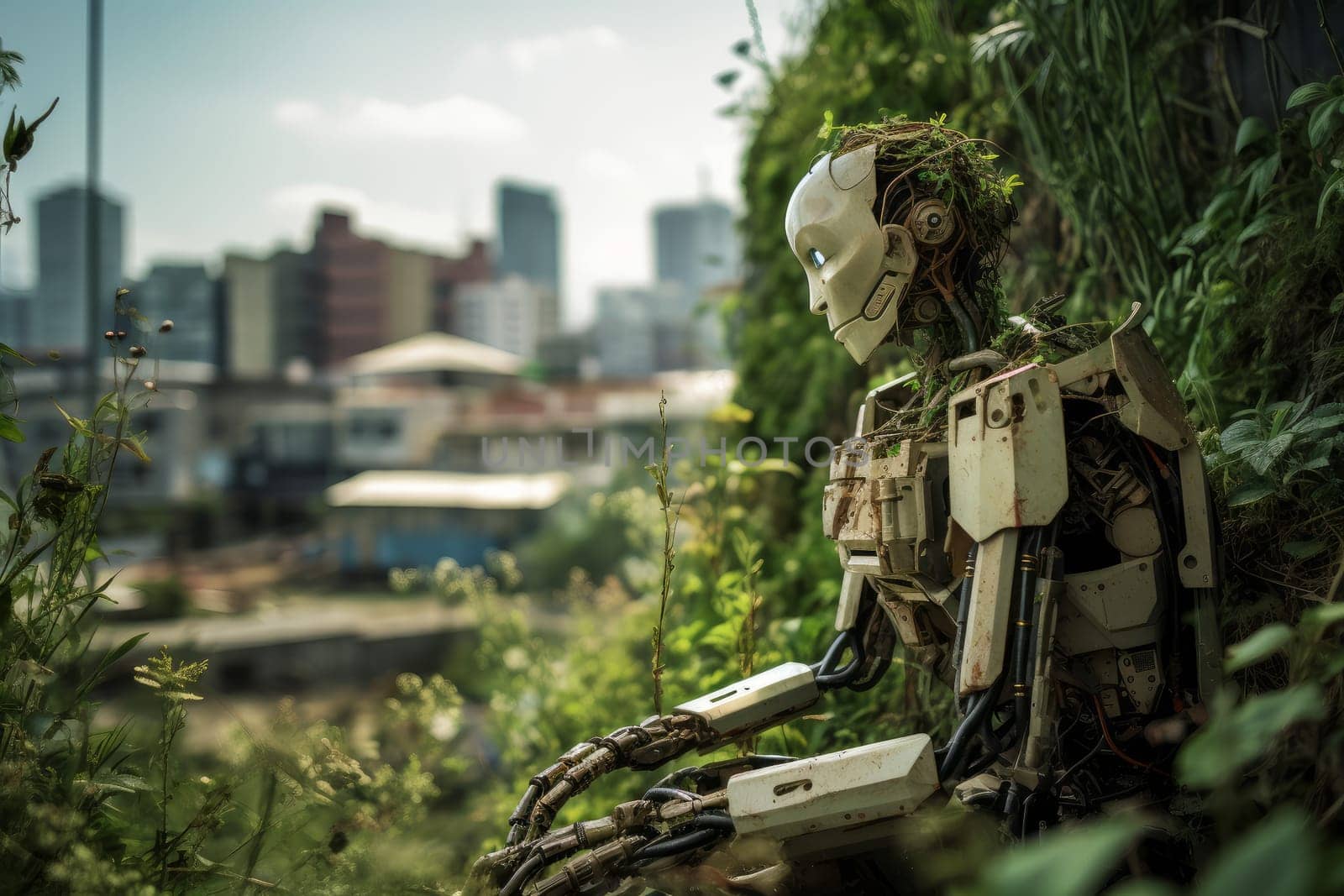 Weathered Robot in abandoned city. Urban city scenery. Generate Ai