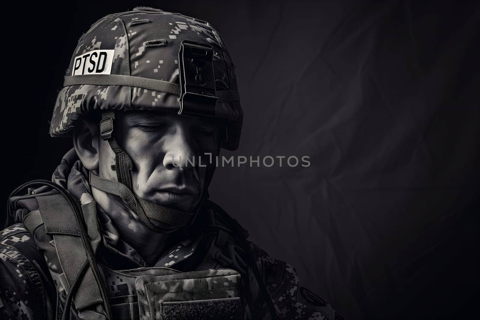 sad soldier and inscription PTSD on his helmet, PTSD for post-traumatic stress disorder by z1b