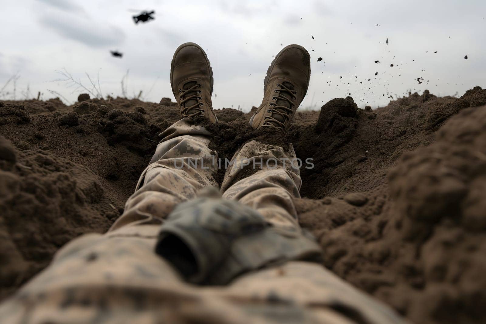 Fallen soldier legs laying on the dirt with flying drones in the sky above. Neural network generated image. Not based on any actual scene or pattern.