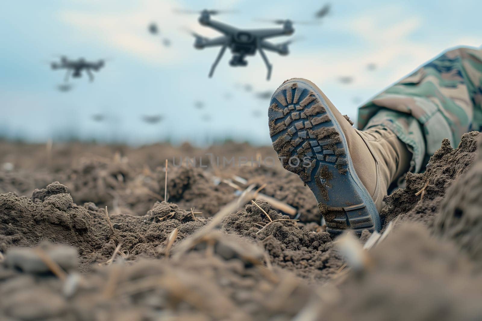 Fallen soldier legs laying on the dirt with flying drones in the sky above. Neural network generated image. Not based on any actual scene or pattern.