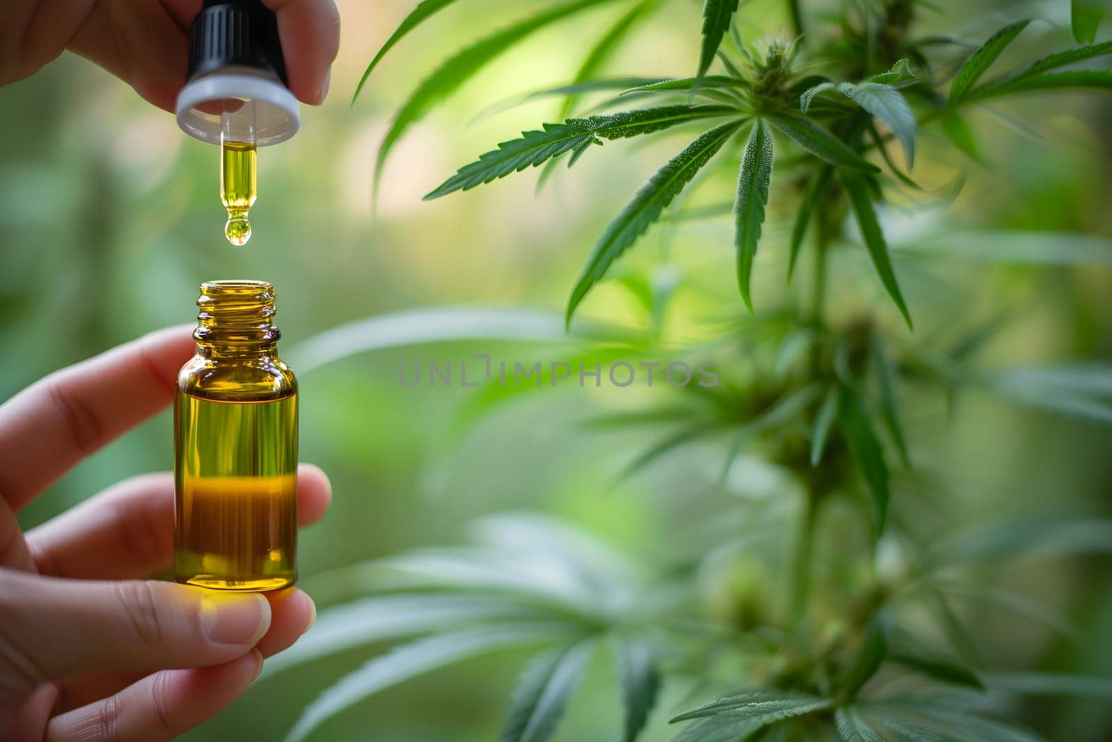 Hand holding CBD hemp oil droplet against marijuana buds - alternative medicine, cannabis oil concept. by z1b