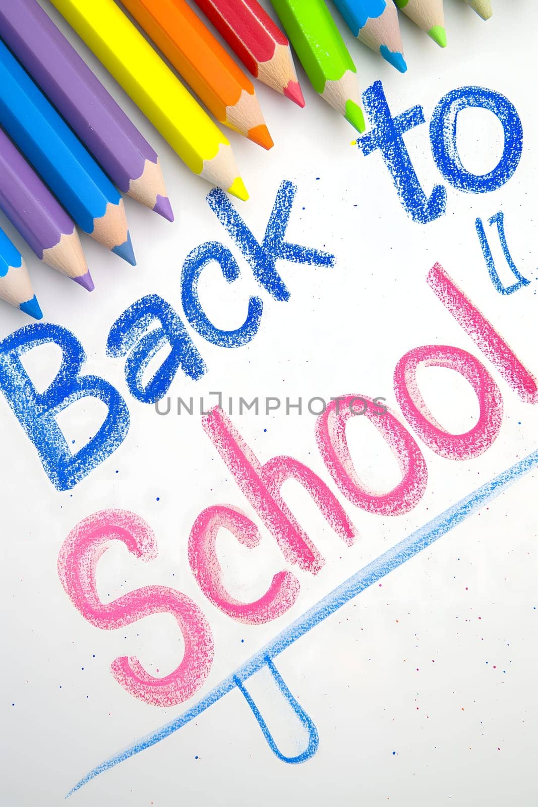 Naive children's drawing with colored chalk on white paper, made by hand by a child, text Back to School by z1b