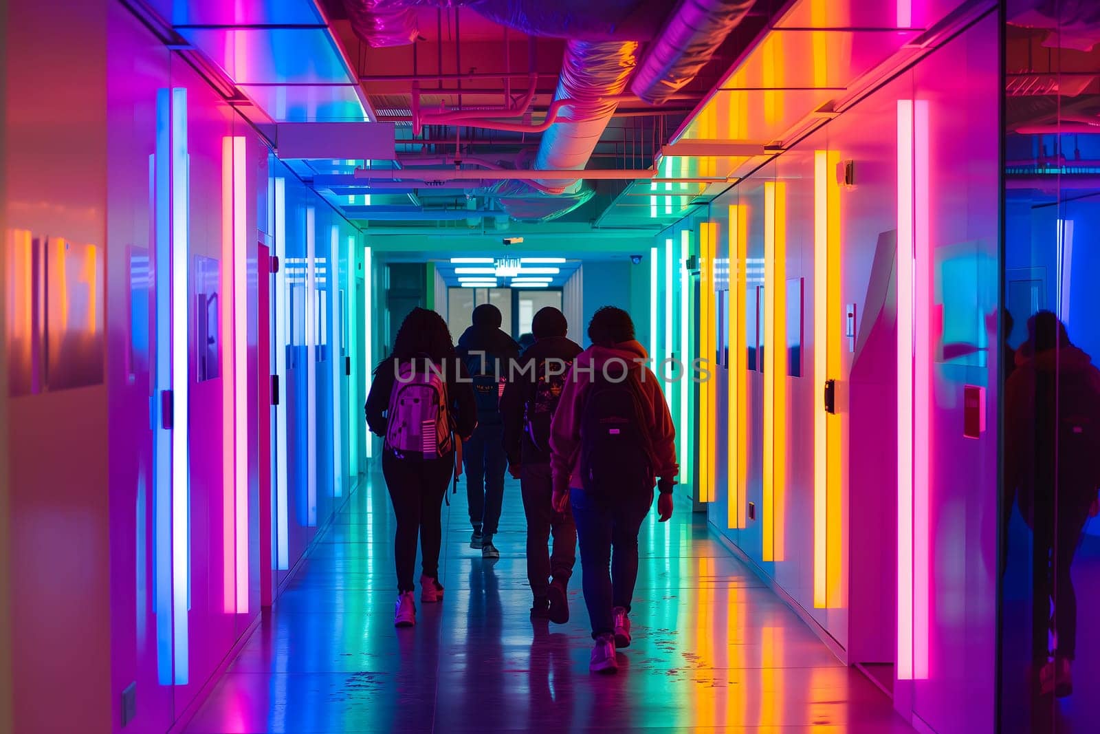 A group of people walking down a hallway with colorful lights. Neural network generated image. Not based on any actual scene or pattern.