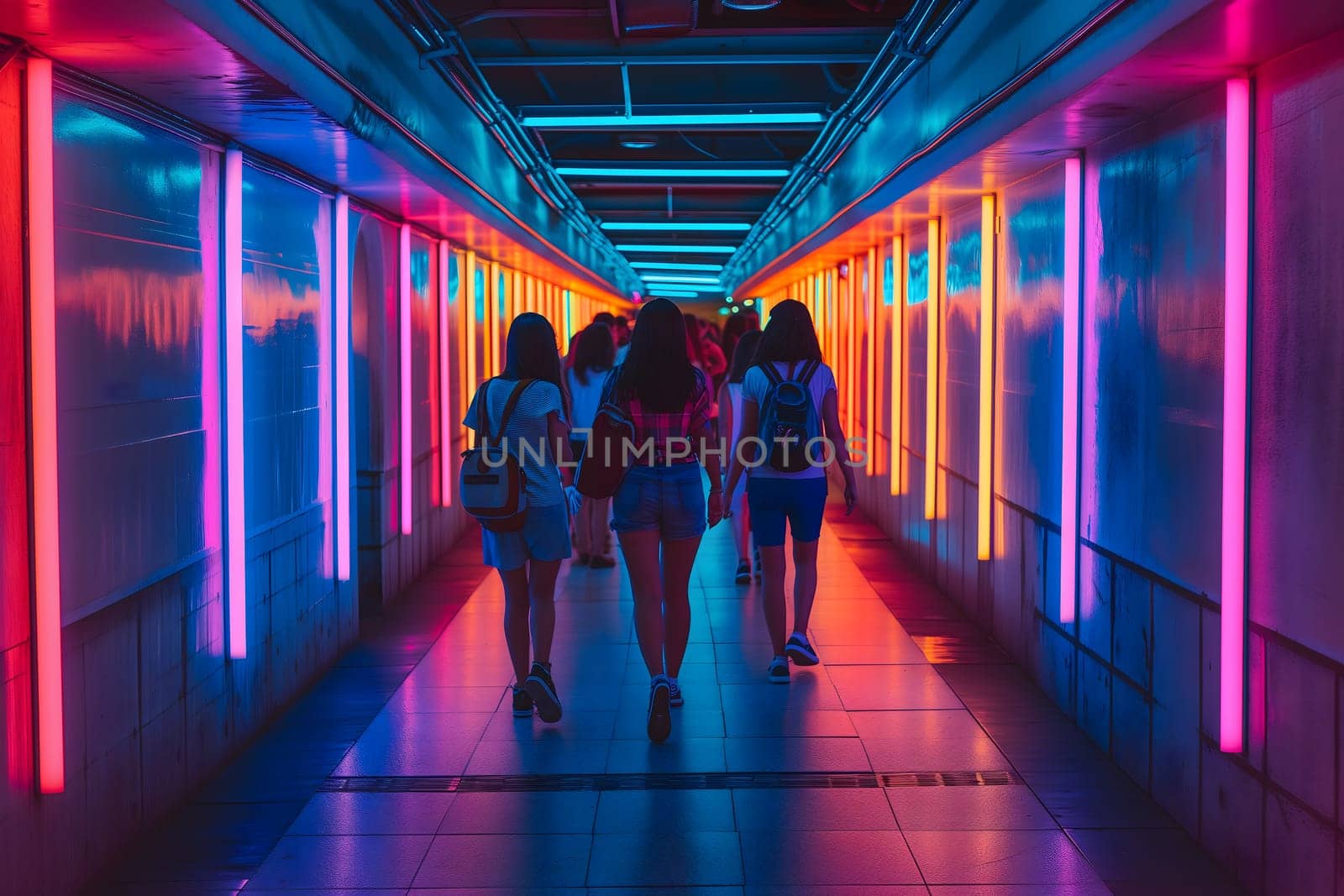 A group of people walking down a hallway with colorful lights. Neural network generated image. Not based on any actual scene or pattern.