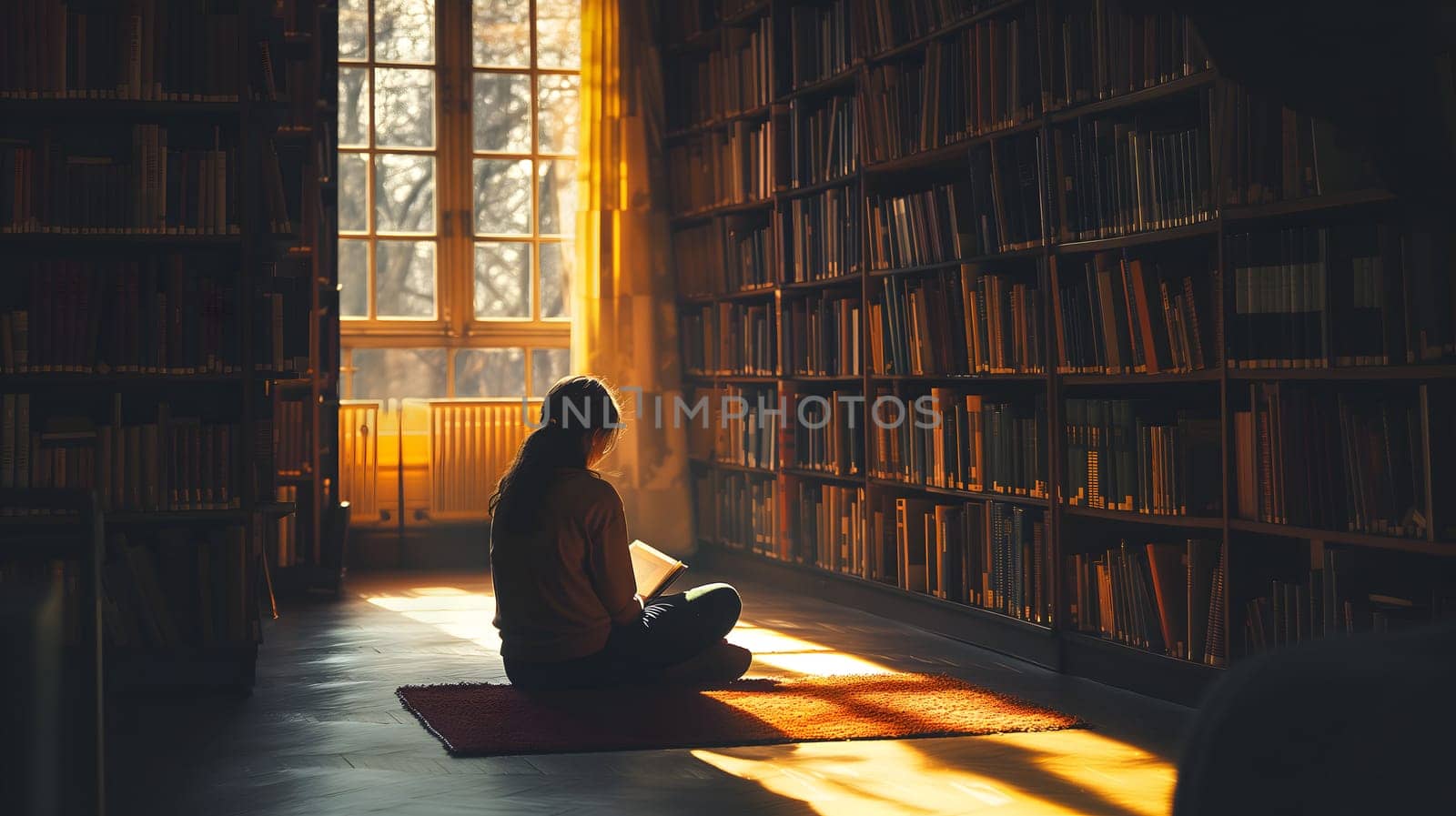 A student in a library, overwhelmed by the books. The towering bookshelves in the background adding to the atmosphere of pressure and academic stress. Neural network generated image. Not based on any actual person or scene.