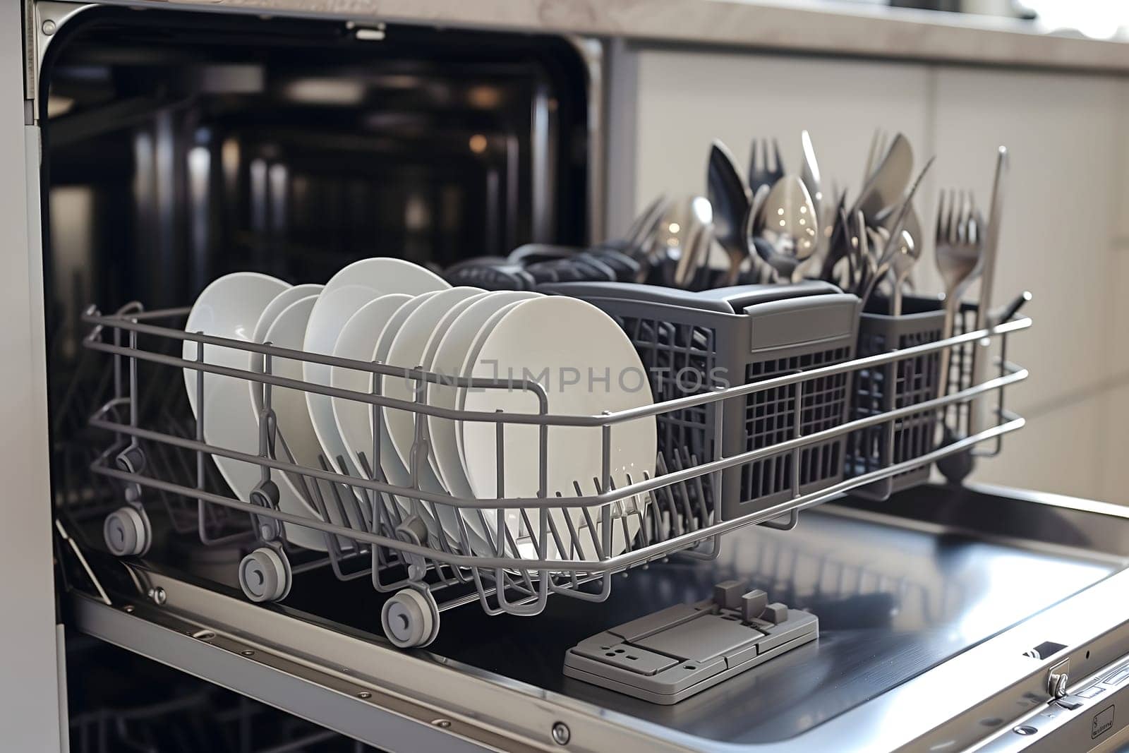 A dishwasher with many plates and silverware in it. Neural network generated image. Not based on any actual scene or pattern.