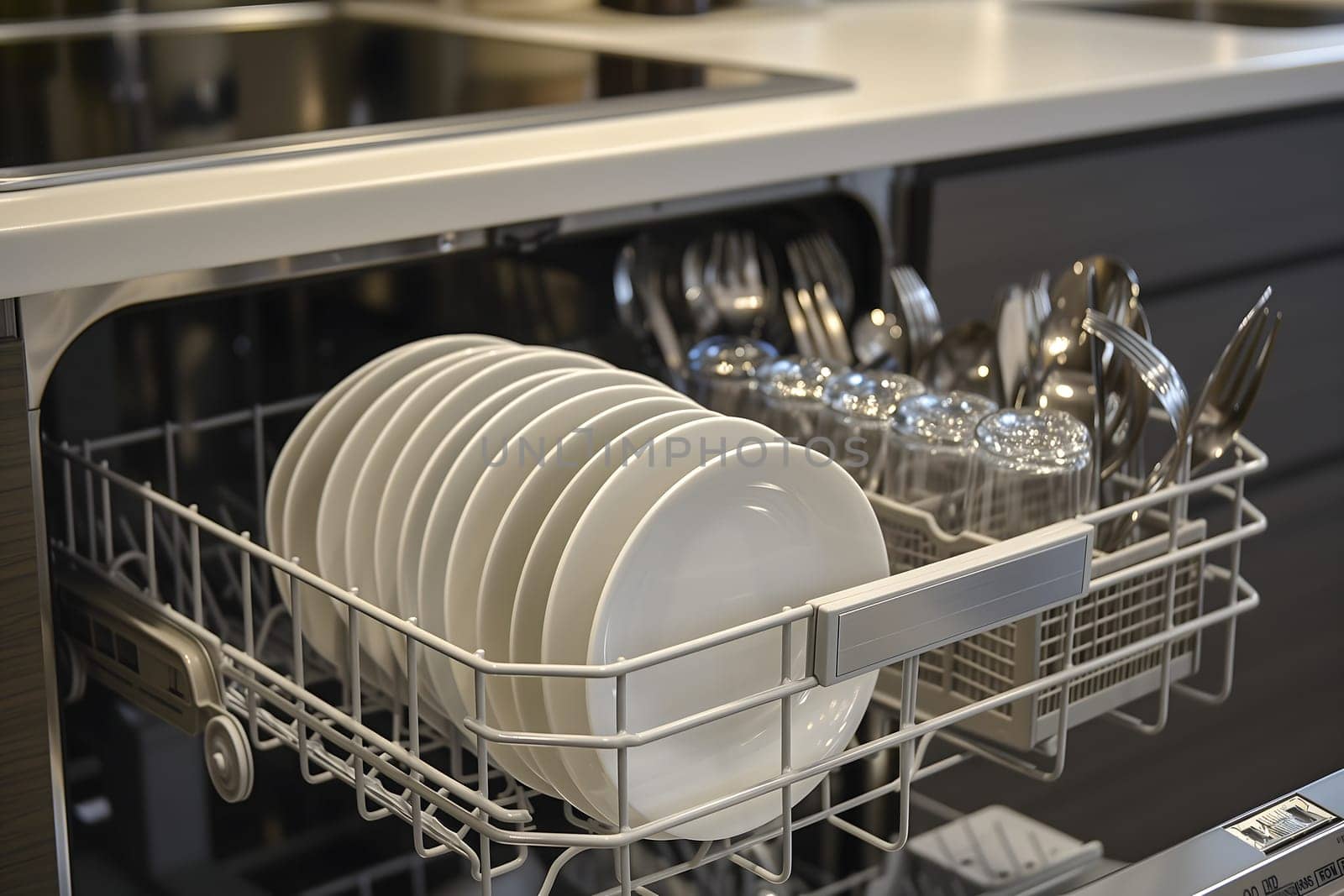 A dishwasher with many plates and silverware in it by z1b