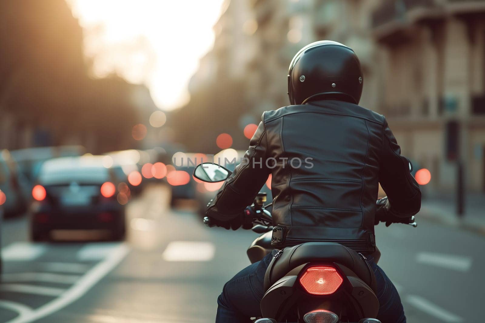 A man rides a motorcycle in city traffic, View from the back, Close-up. Neural network generated image. Not based on any actual scene or pattern.