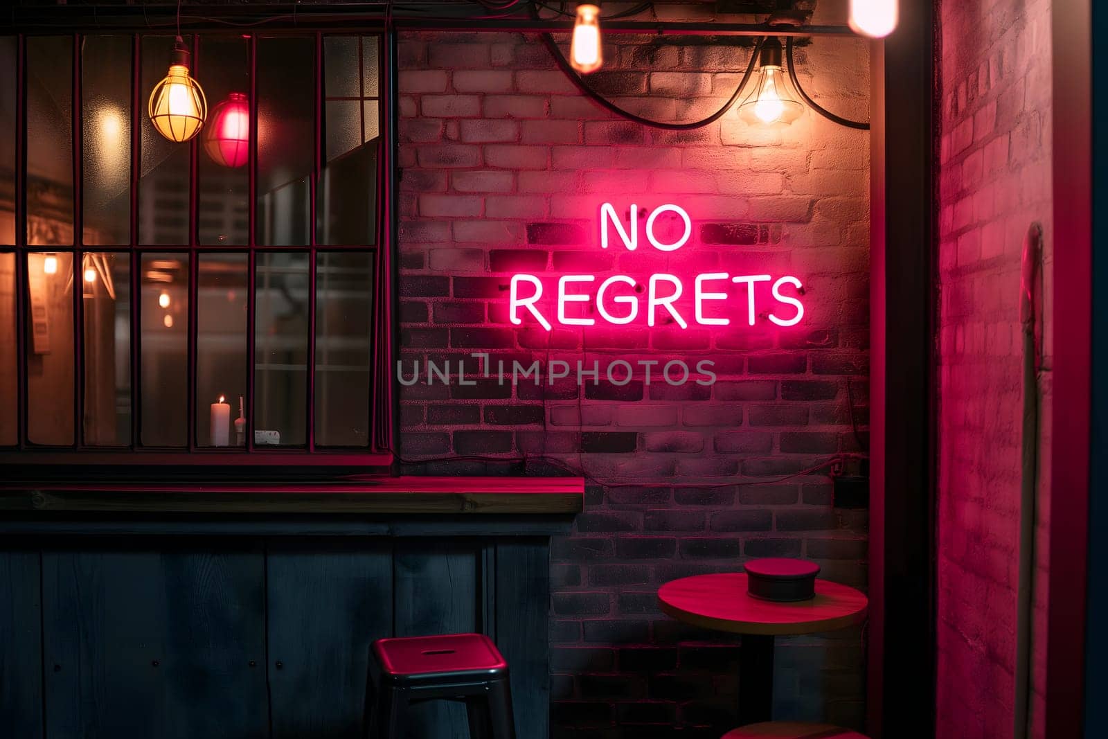 A neon sign that says NO REGRETS on a brick wall by z1b