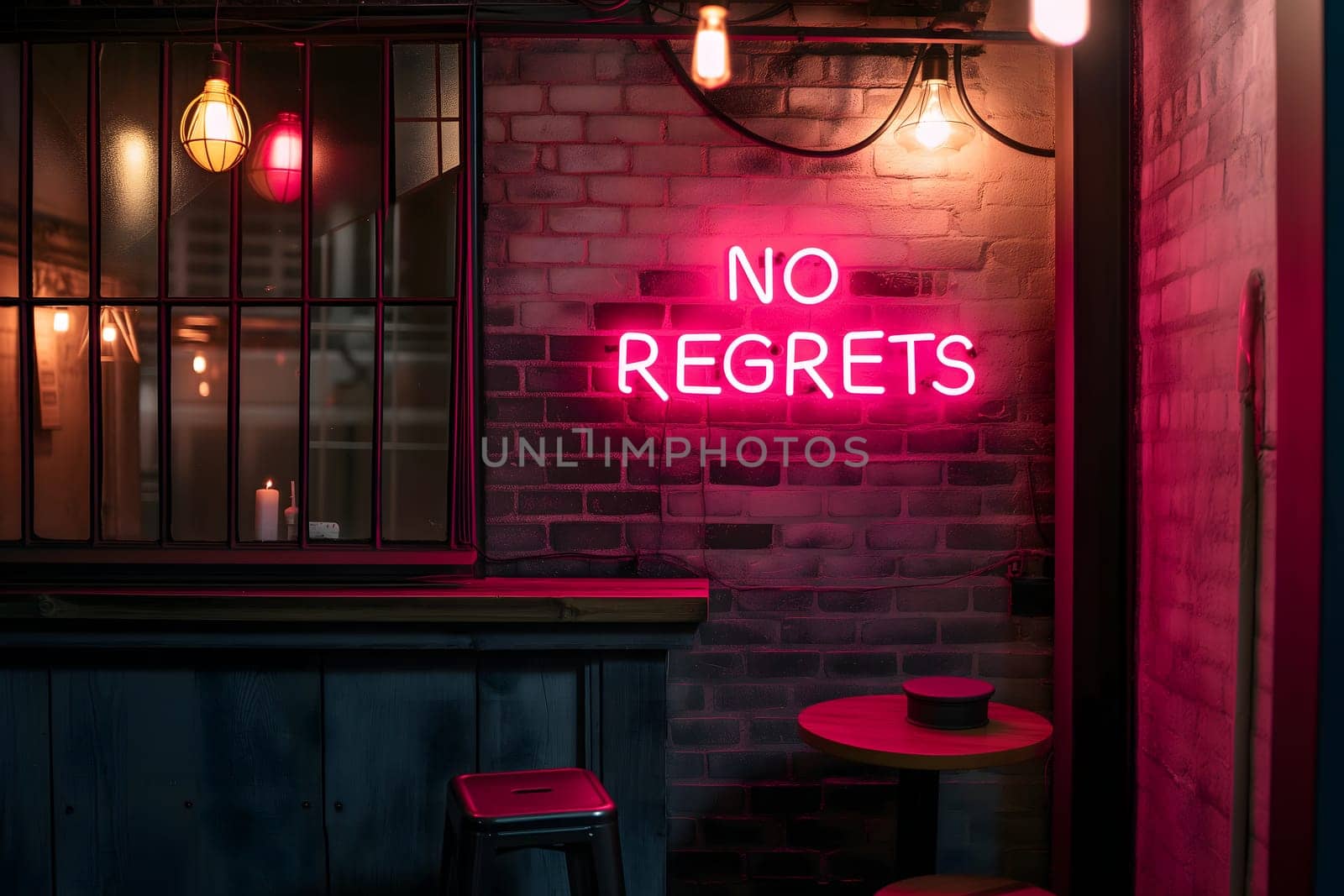 A neon sign that says NO REGRETS on a brick wall. Neural network generated image. Not based on any actual scene or pattern.