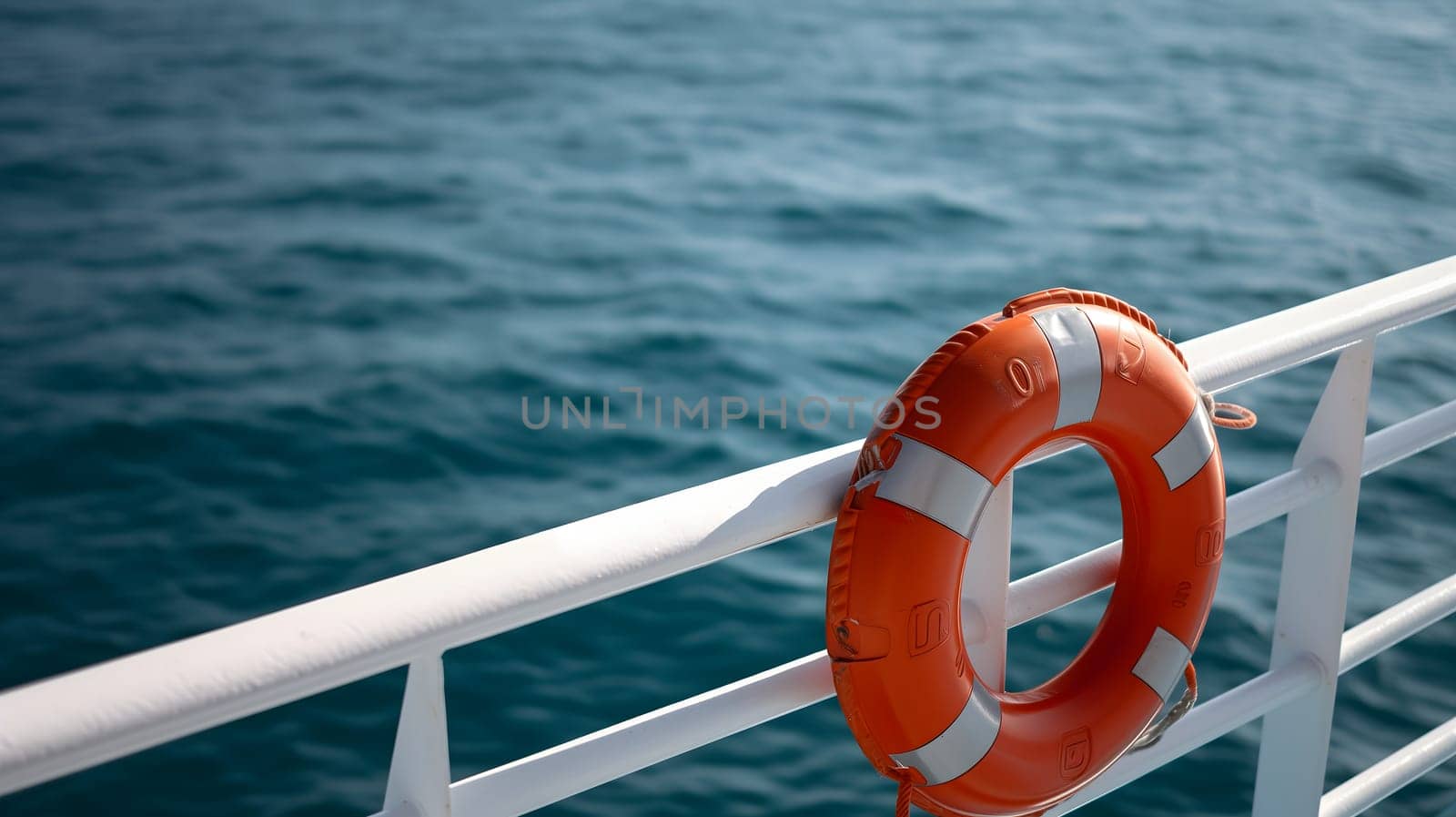 Lifebuoy attached to a ship's white railing, with the clear blue sea in the background. Neural network generated image. Not based on any actual scene or pattern.