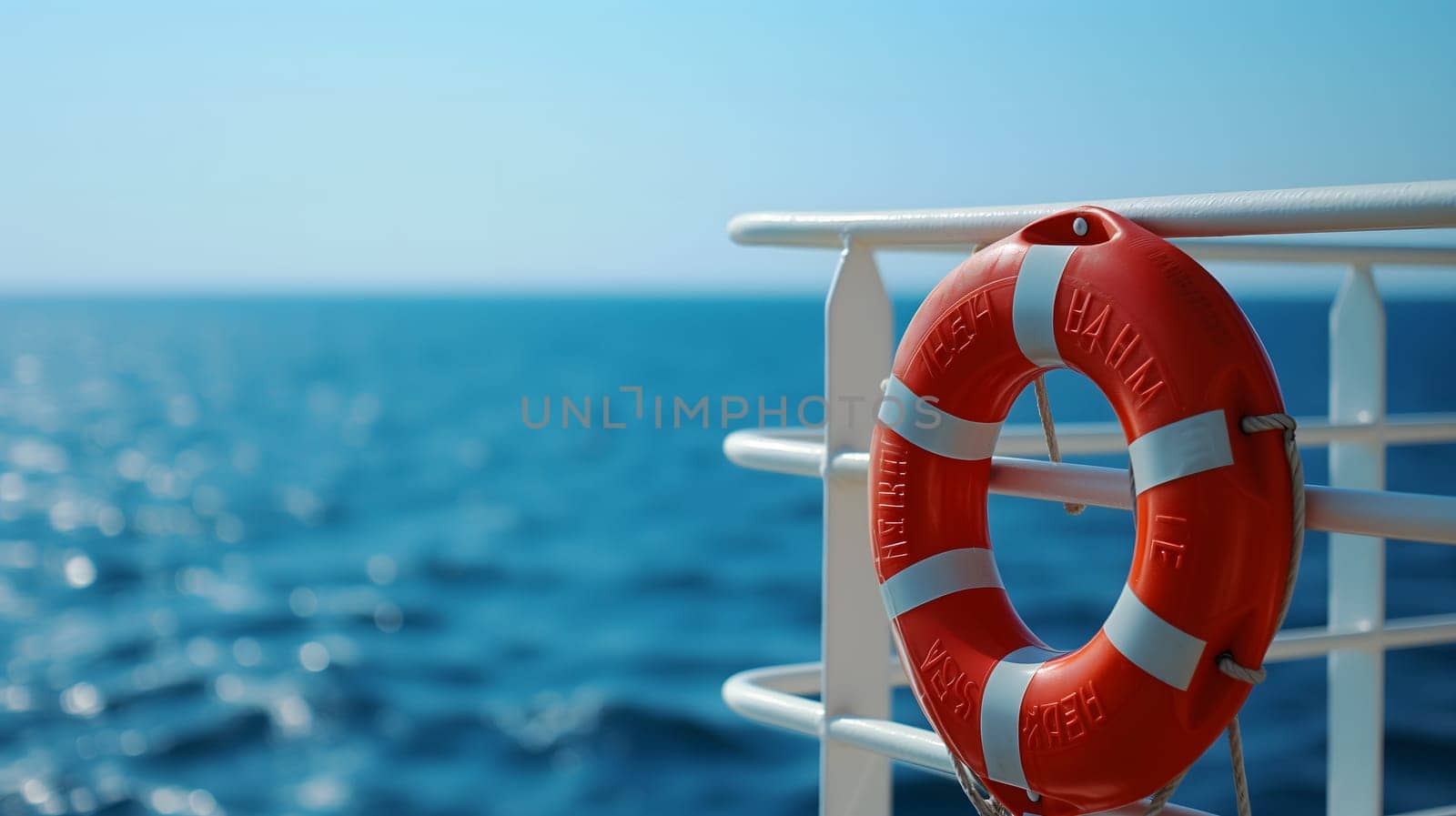 Lifebuoy attached to a ship's white railing, with the clear blue sea in the background. Neural network generated image. Not based on any actual scene or pattern.