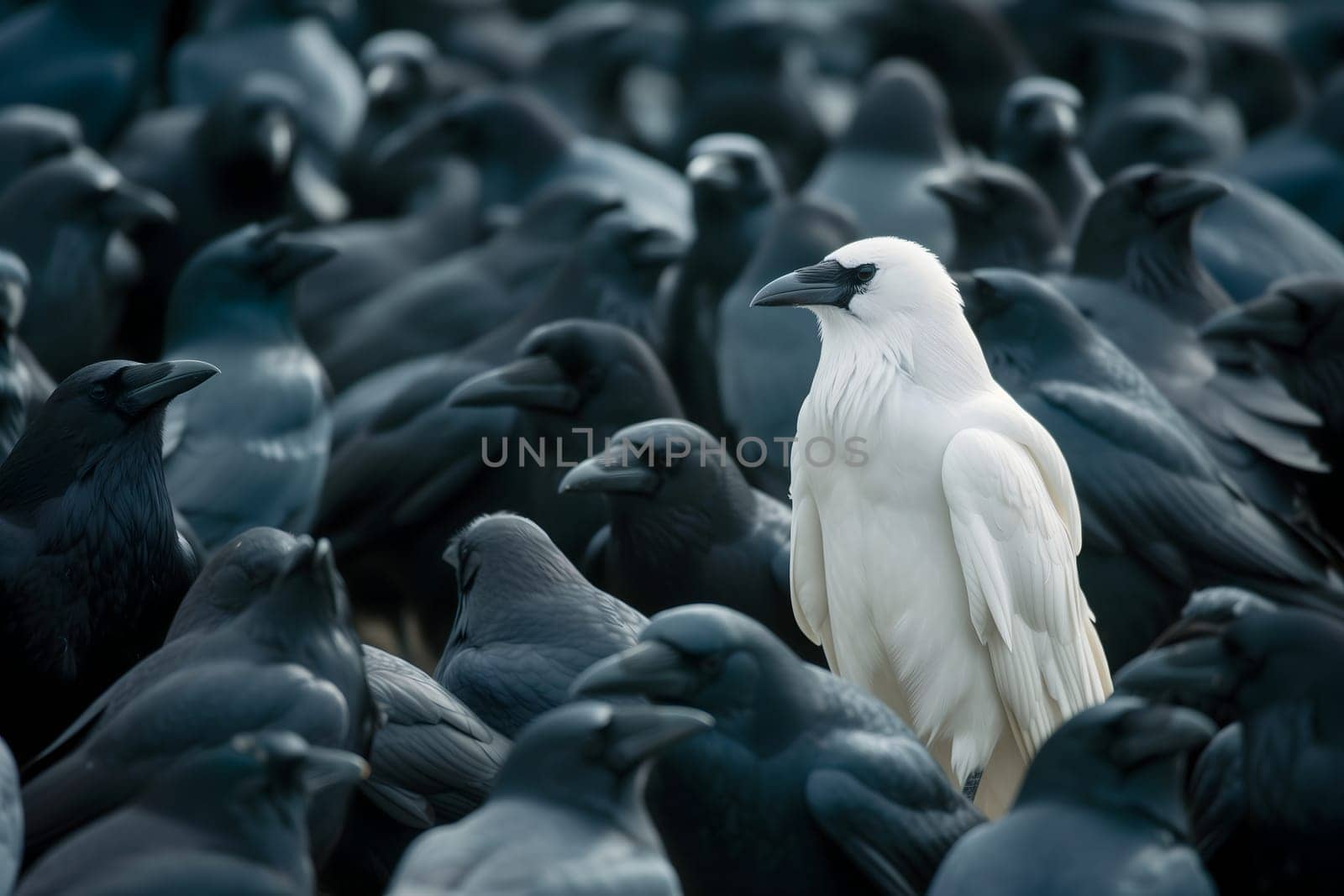 A white crow among many black crows. Neural network generated image. Not based on any actual scene or pattern.