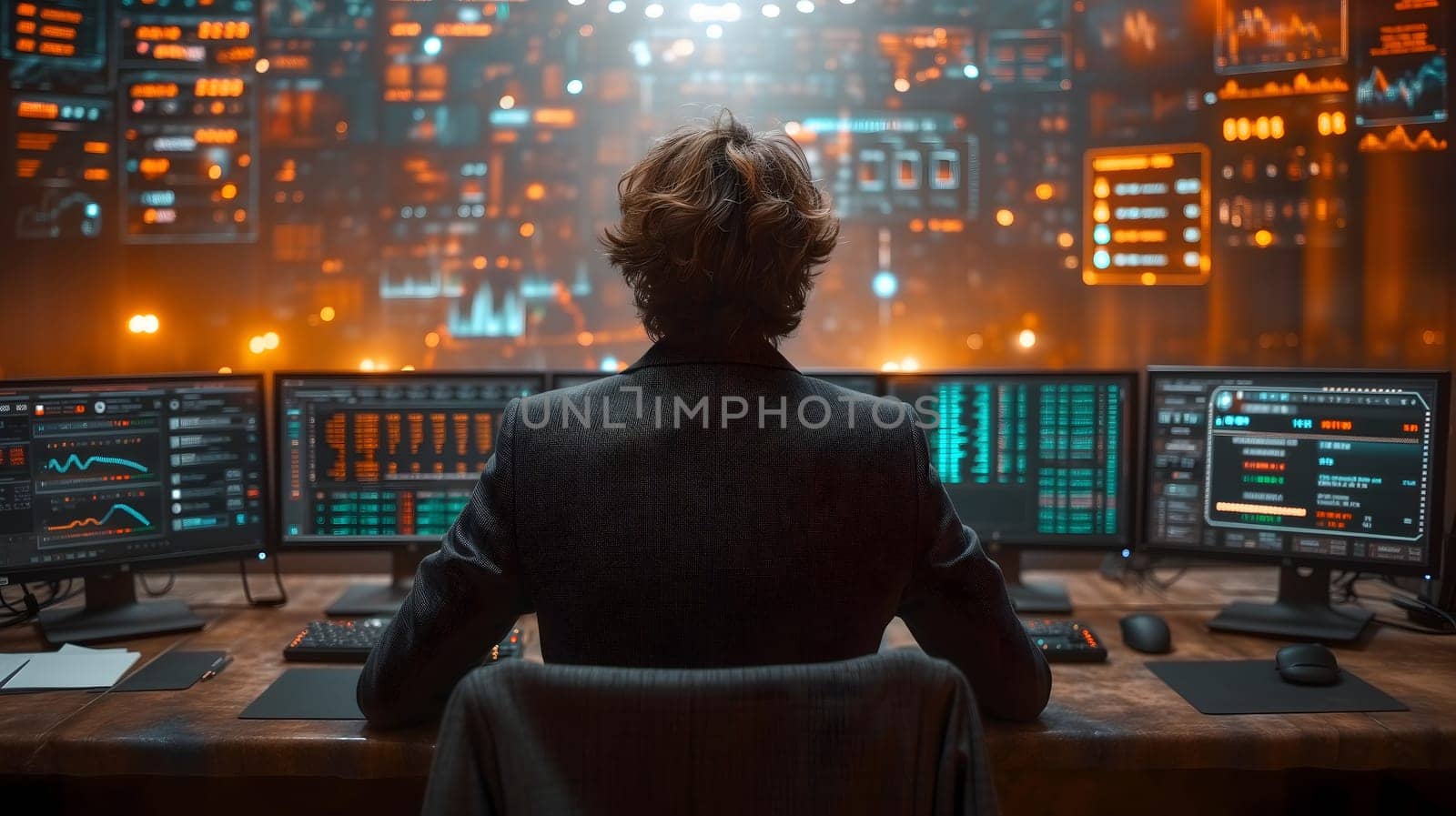 Back view of a financial analyst day trader working on computer with many screens that shows real-time stock data. by z1b