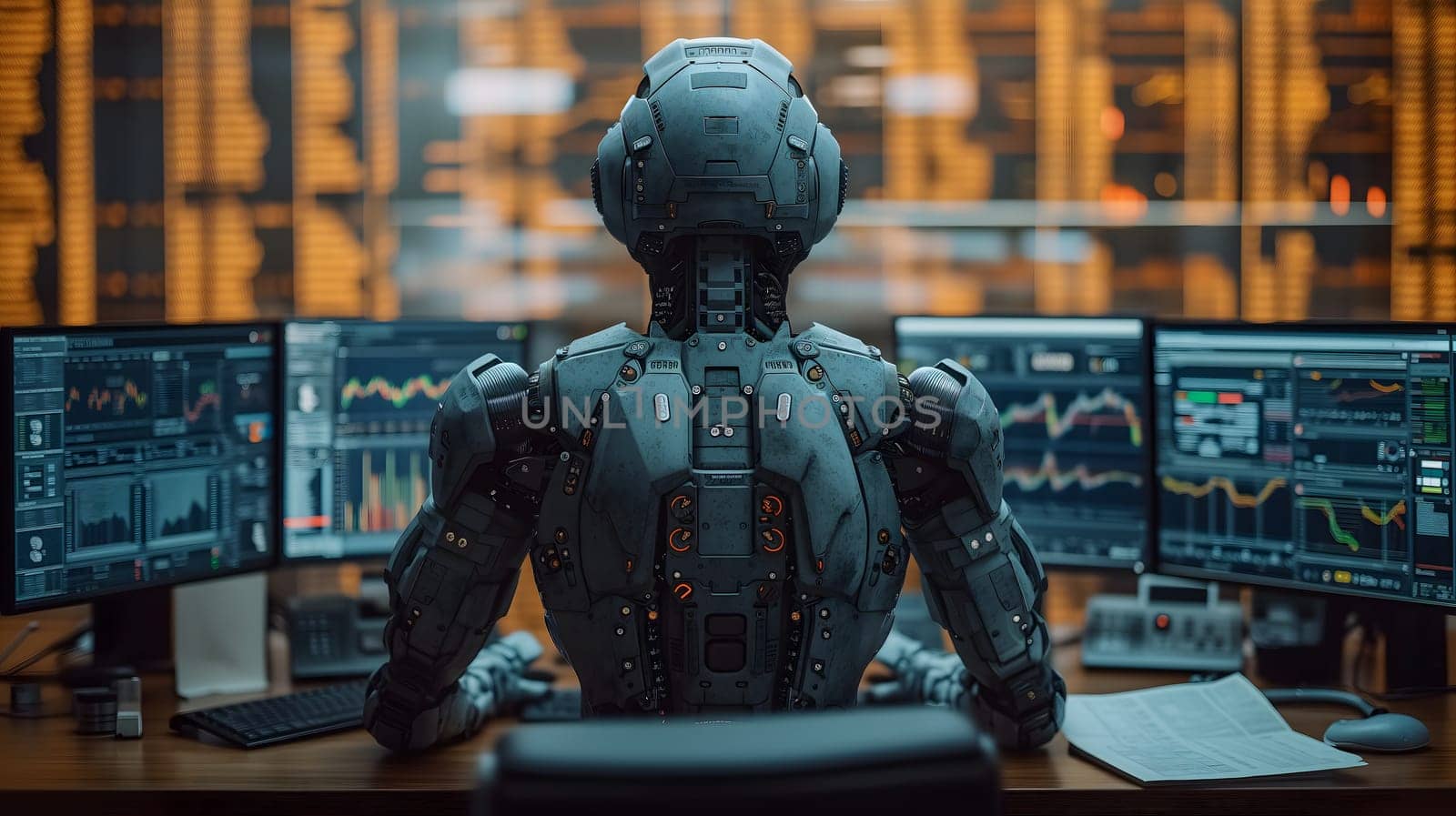 Back view of a financial analyst day trader robot working on computer with many screens that shows real-time stock data. Neural network generated image. Not based on any actual scene or pattern.