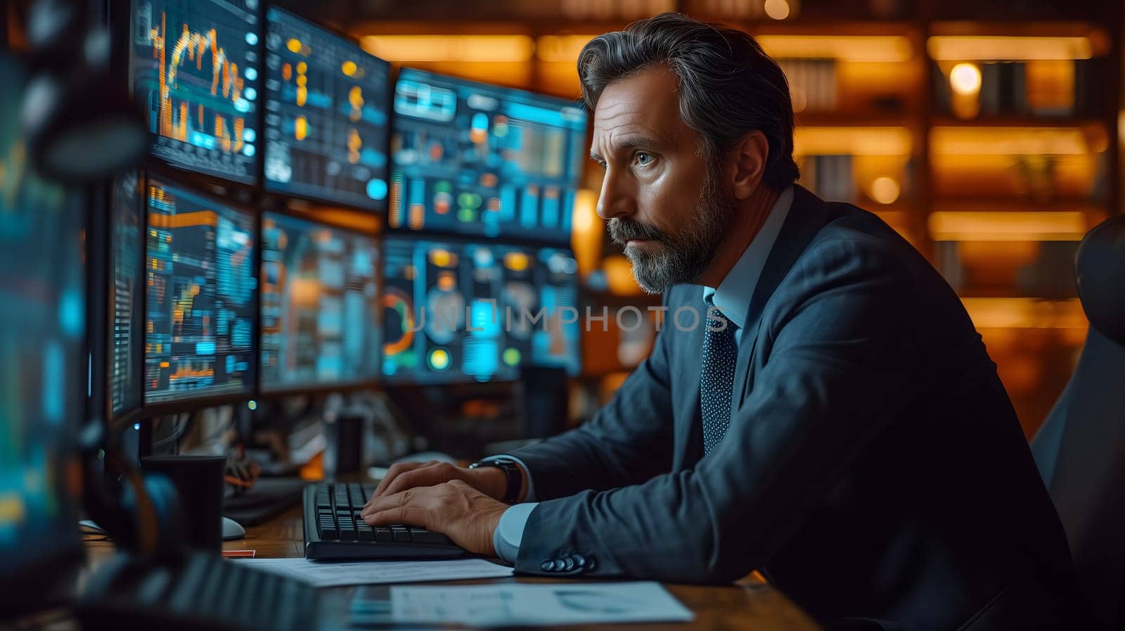 Back view of a financial analyst day trader working on computer with many screens that shows real-time stock data. Neural network generated image. Not based on any actual scene or pattern.