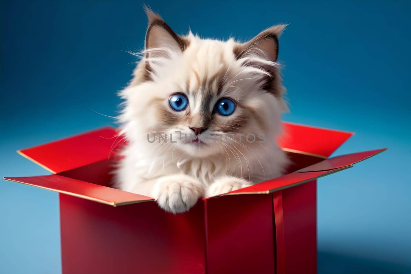 small beautiful purebred Ragdoll kitten in a gift box . AI generated image.