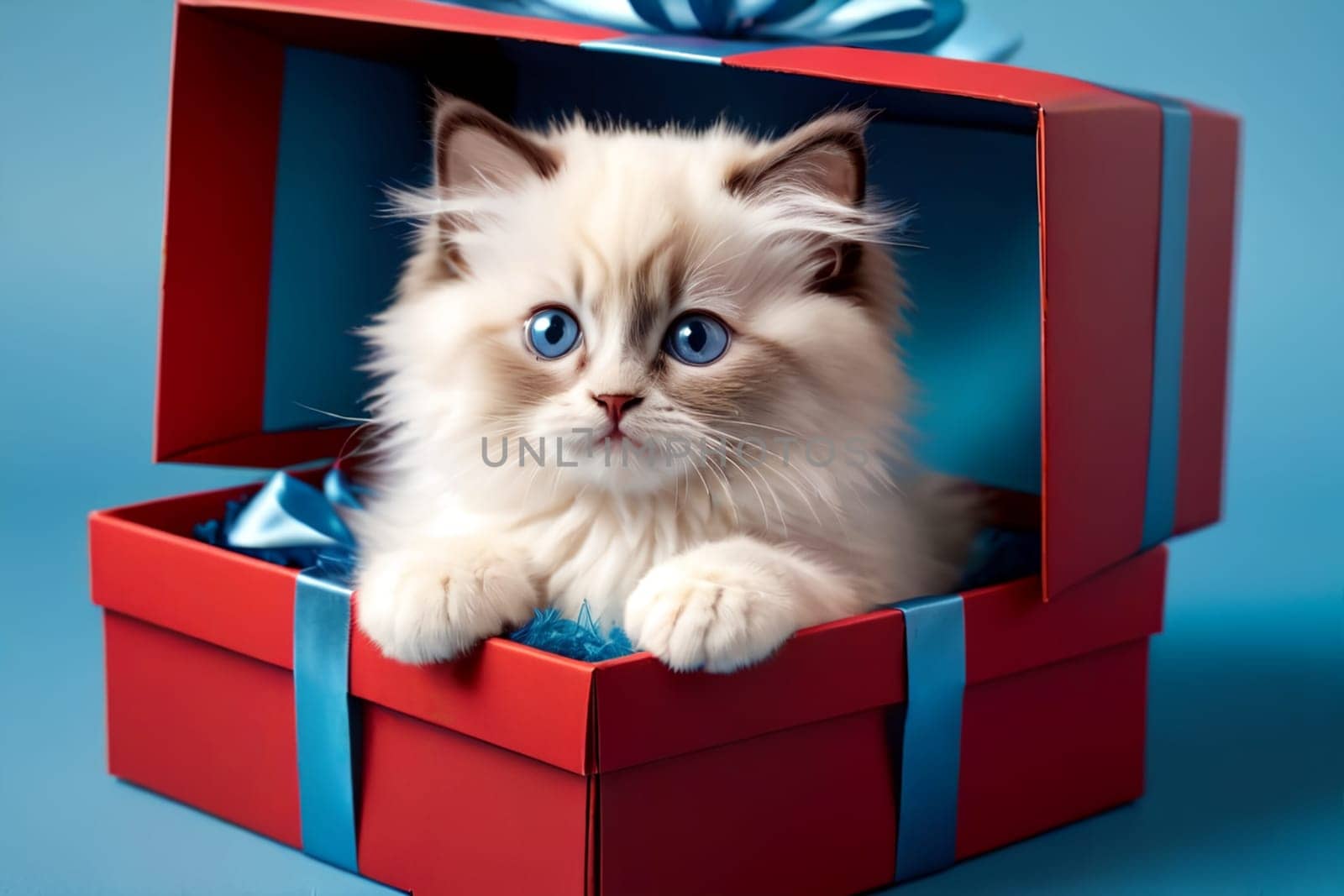 small beautiful purebred Ragdoll kitten in a gift box . AI generated image.
