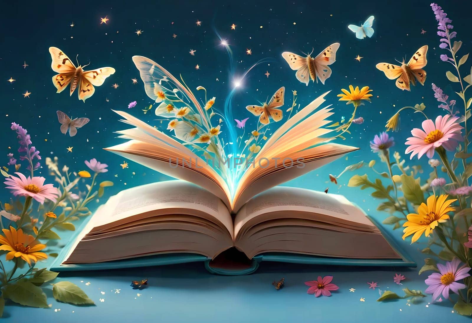 open book with a bouquet of wildflowers in a magical style on a blue background. AI generated image.