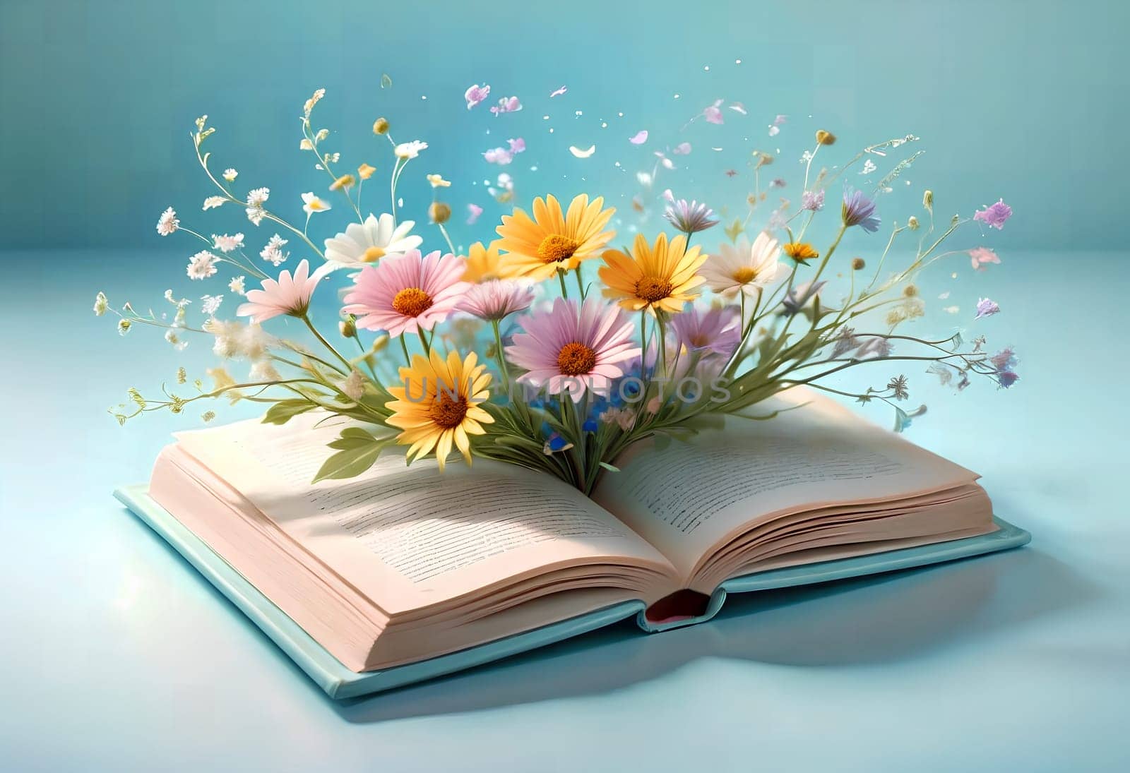 open book with a bouquet of wildflowers in a magical style on a blue background. by Rawlik