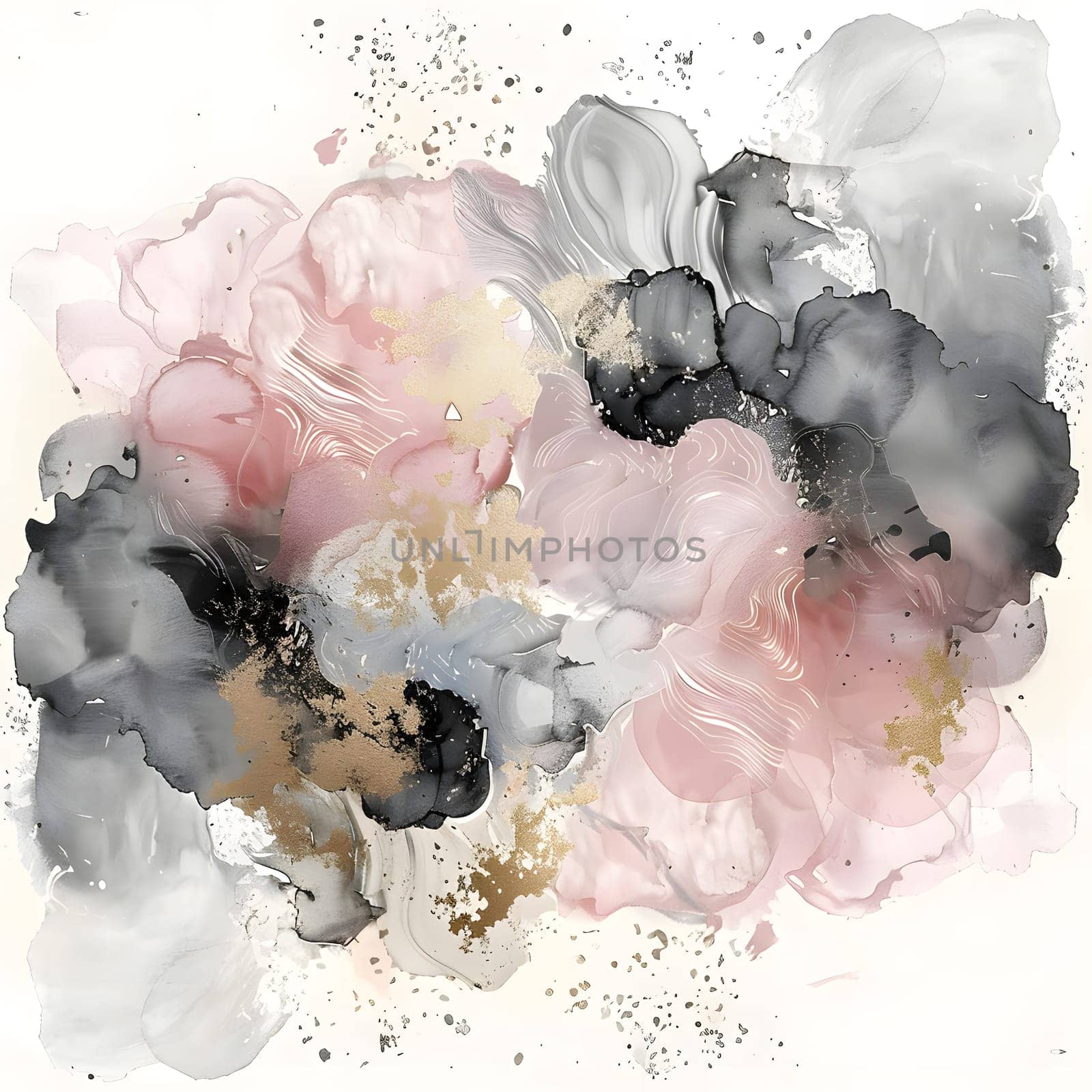 Art paint of pink, gray, and gold flowers on white background by Nadtochiy