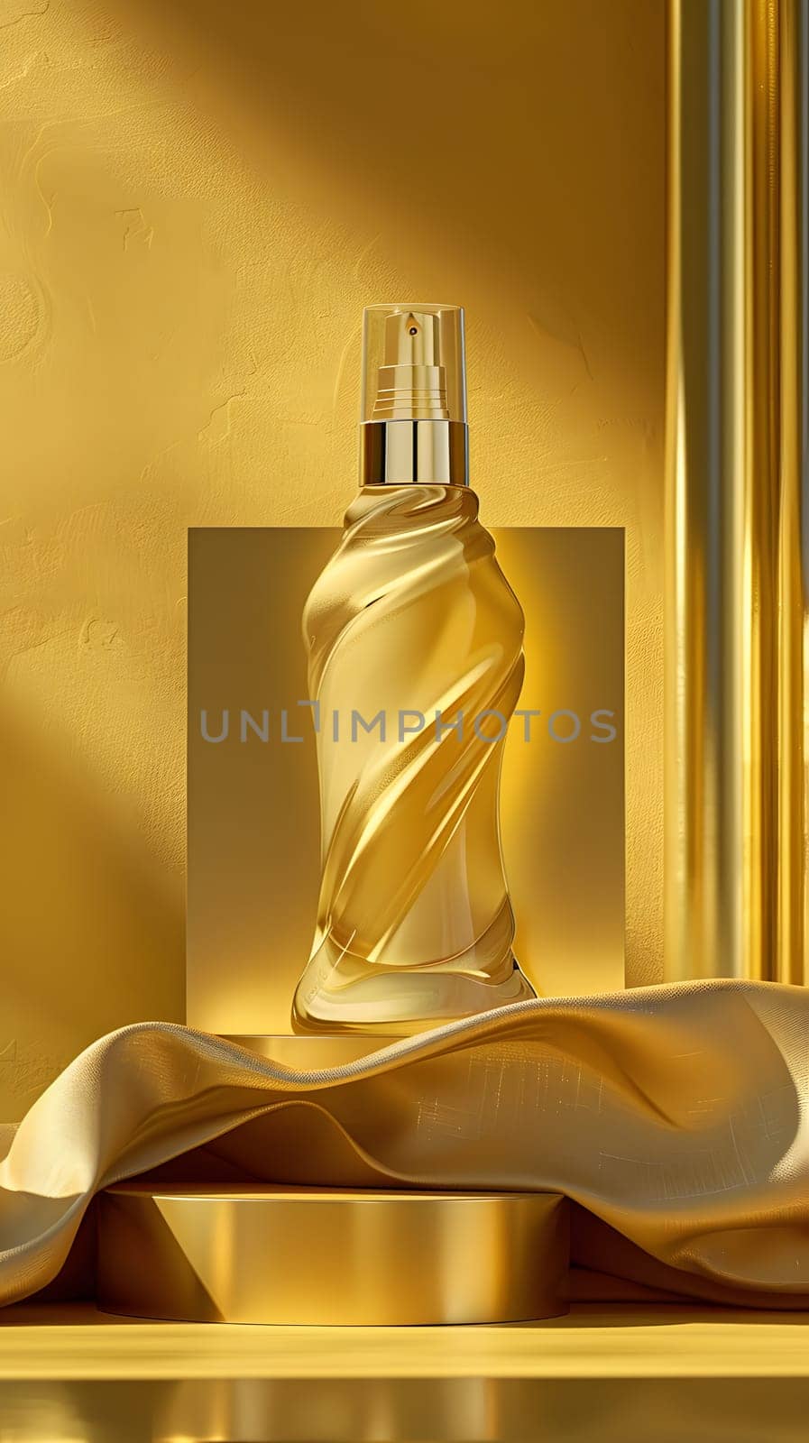 An elegant bottle of Amber liquid perfume sits on a Gold rectangular shelf made of Metal and Wood, surrounded by Transparent Glass. A true work of Art and fashion accessory