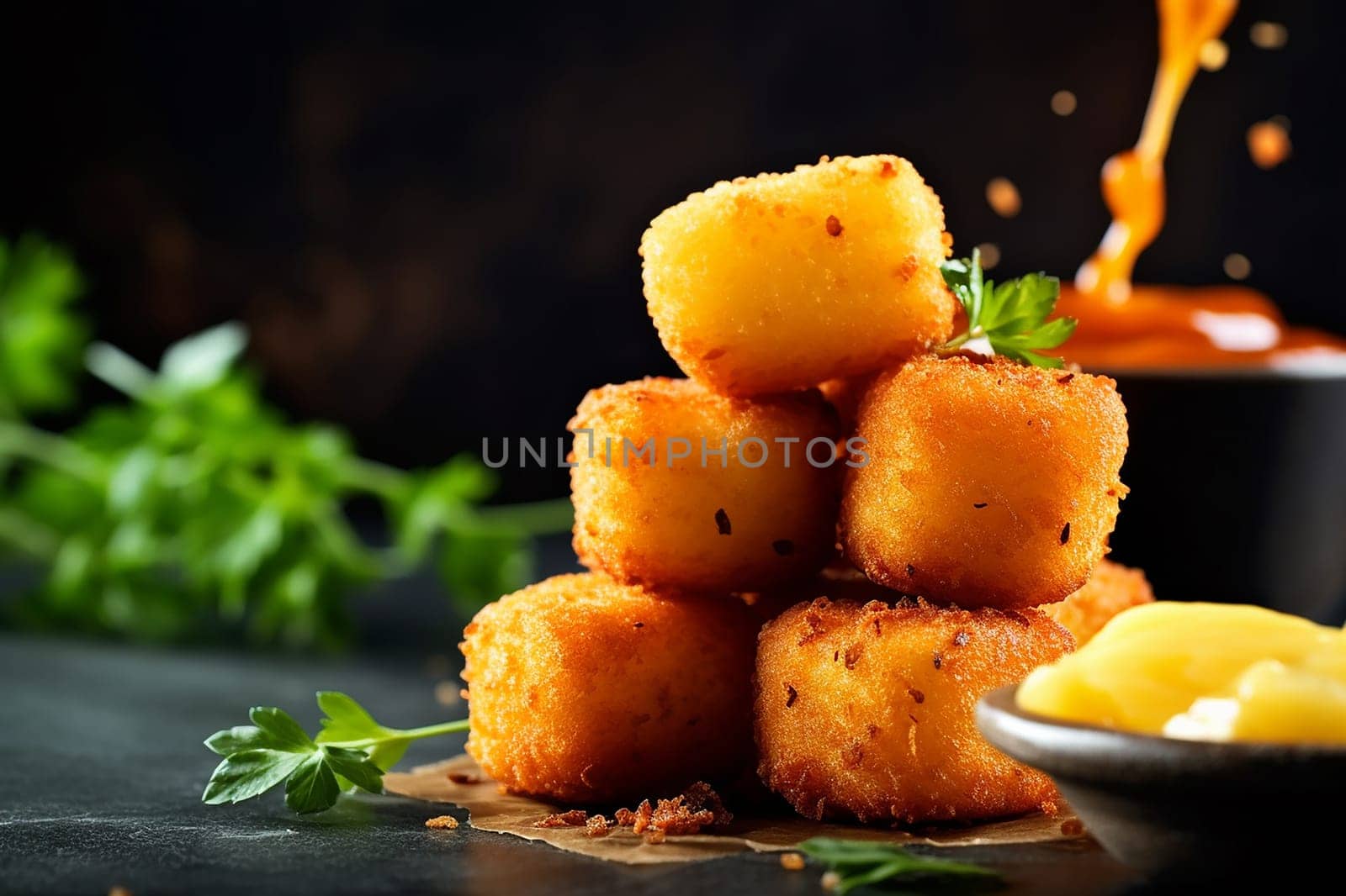 Crispy golden fried cheese cubes with dipping sauce and garnish.