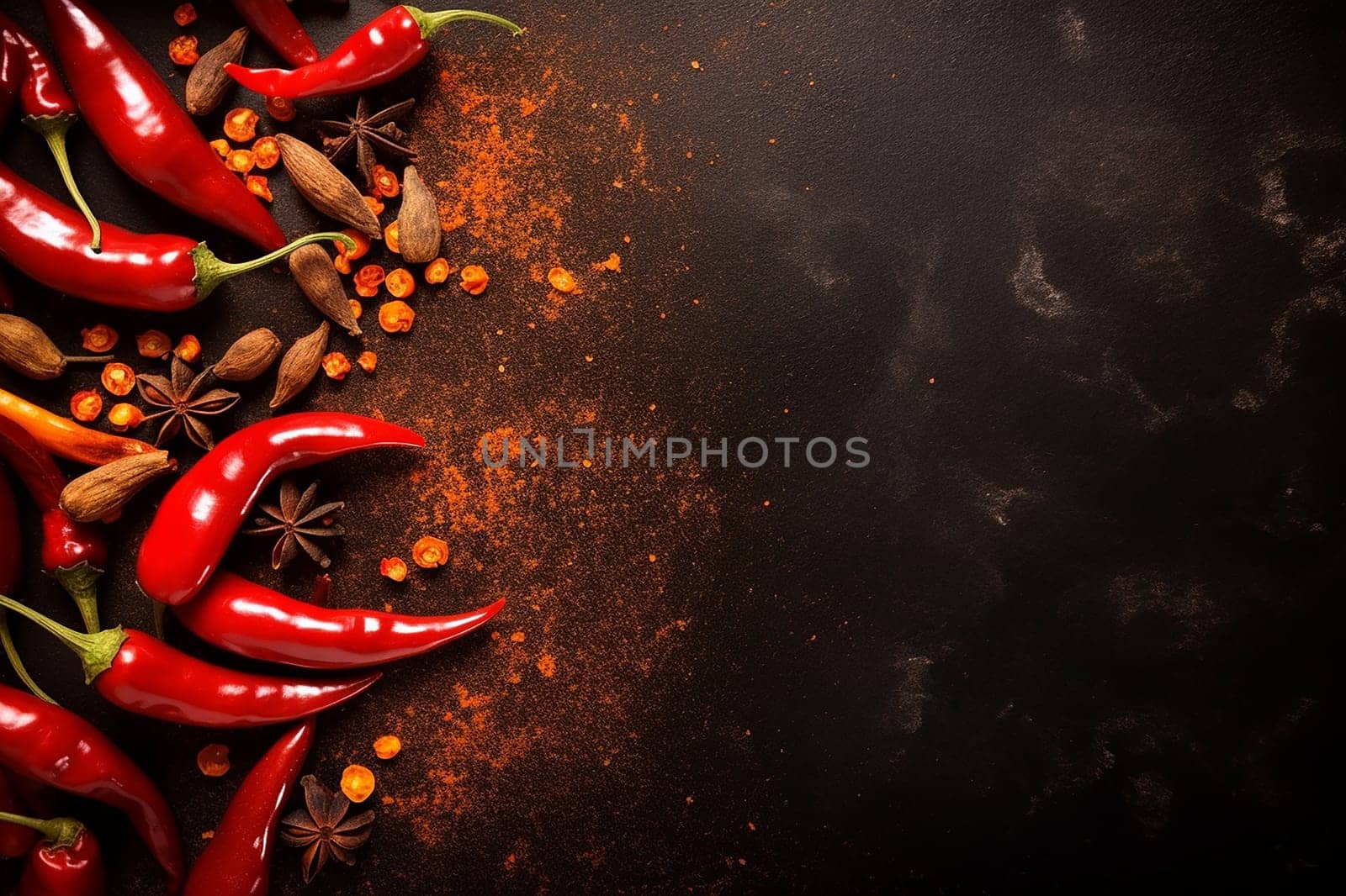 Spicy red chillies and assorted spices scattered on a dark surface.