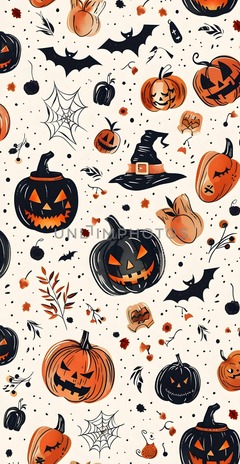 A vibrant seamless pattern of orange pumpkins, amber bats, spooky spiders, and fall leaves on a white background. This art features cucurbita vegetables in a circle gourd pattern