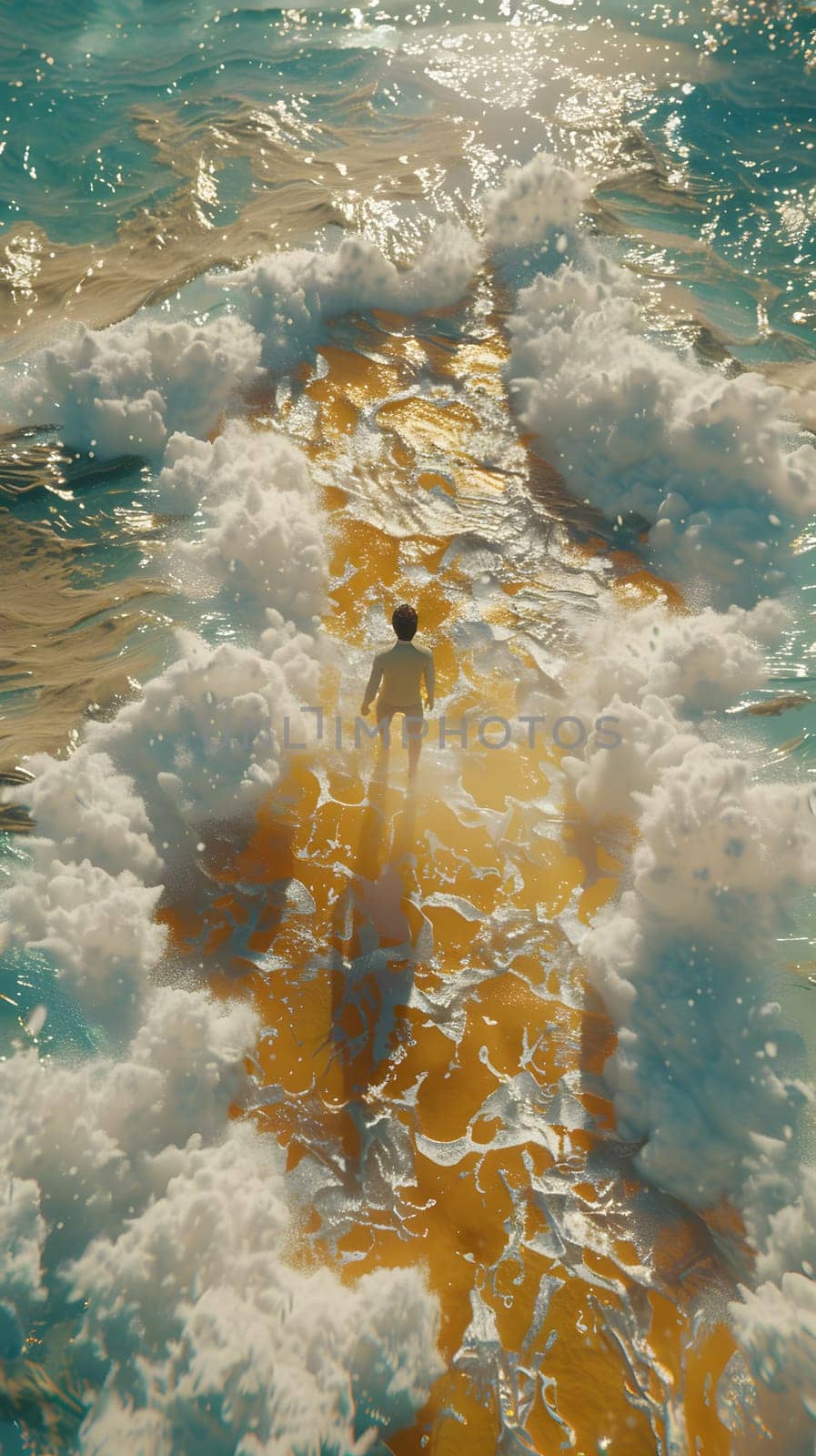 A figure balancing on a surfboard in the fluid landscape of the ocean, creating a scene reminiscent of a painting in marine biology