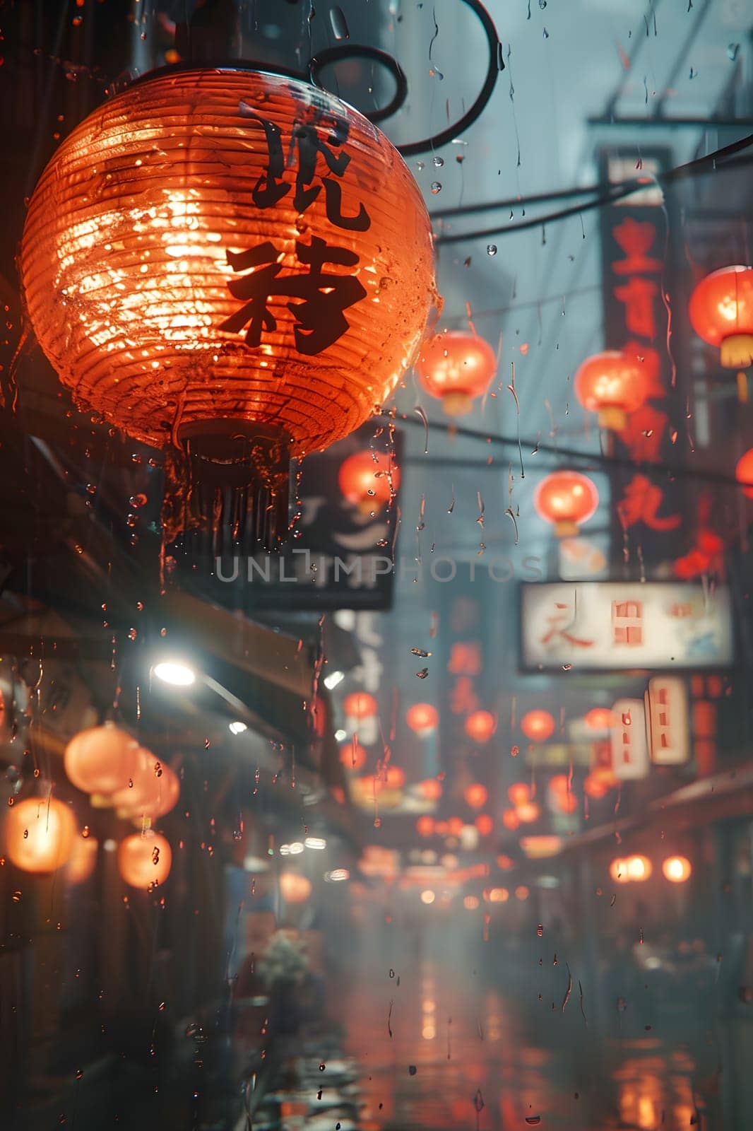 A row of amber lanterns hang from a pole on a city street, casting an orange tint with shades of tree shadows. The automotive lighting adds a warm glow amidst the electricity and gas lights