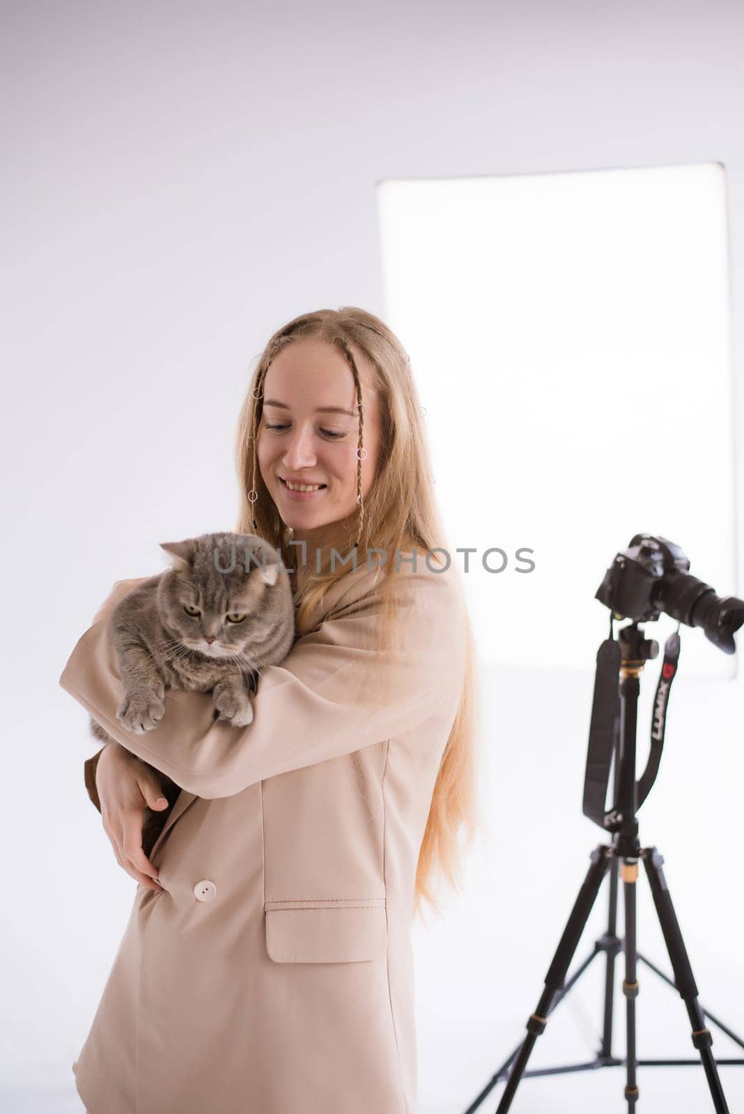 A business woman, freelancer, blogger in suit is working on a white floor, black background. blonde assistant in video production with camera and scottish straight cat