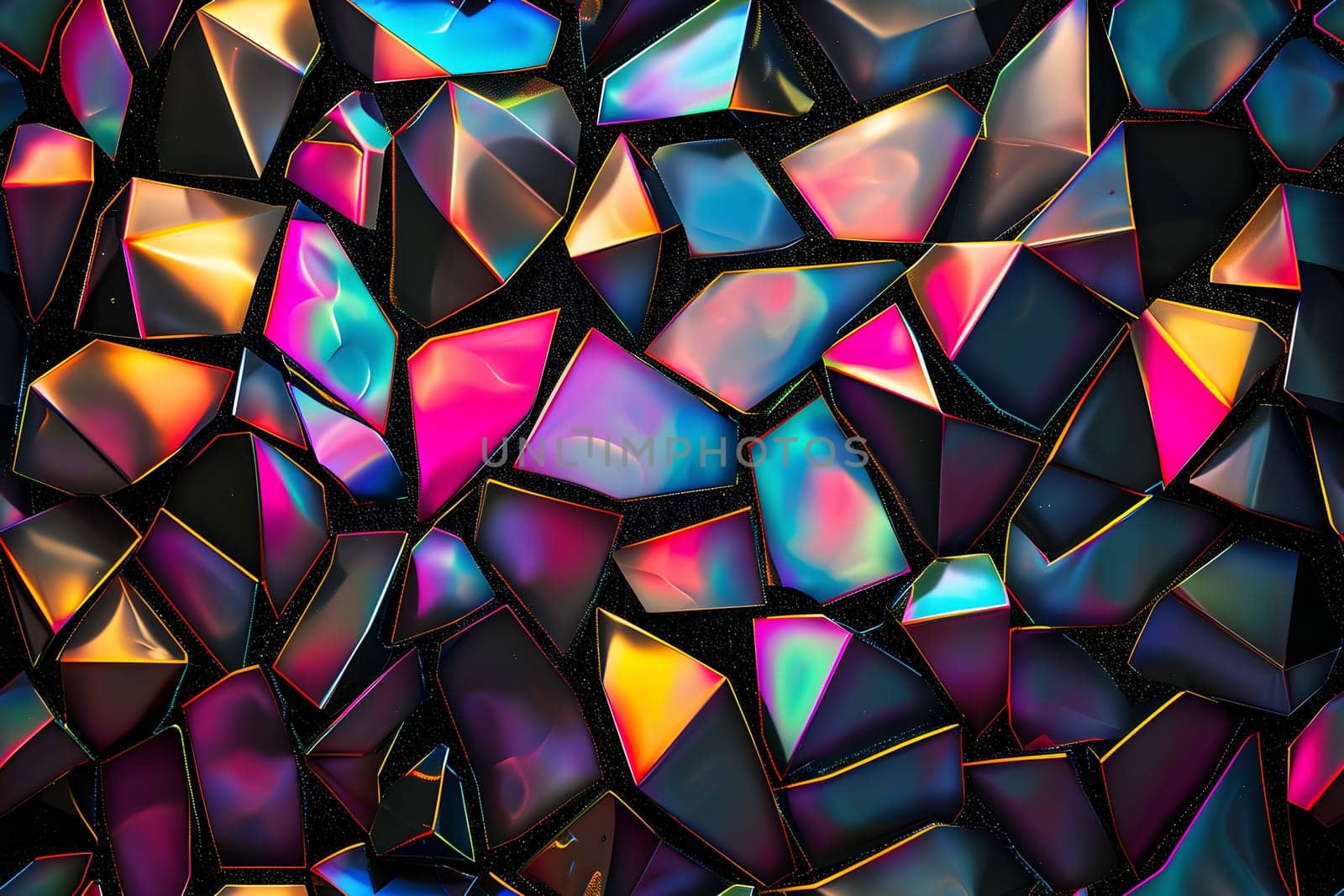 Seamless texture and full-frame background of colorful glass mosaic triangular tiles. Neural network generated image. Not based on any actual scene or pattern.
